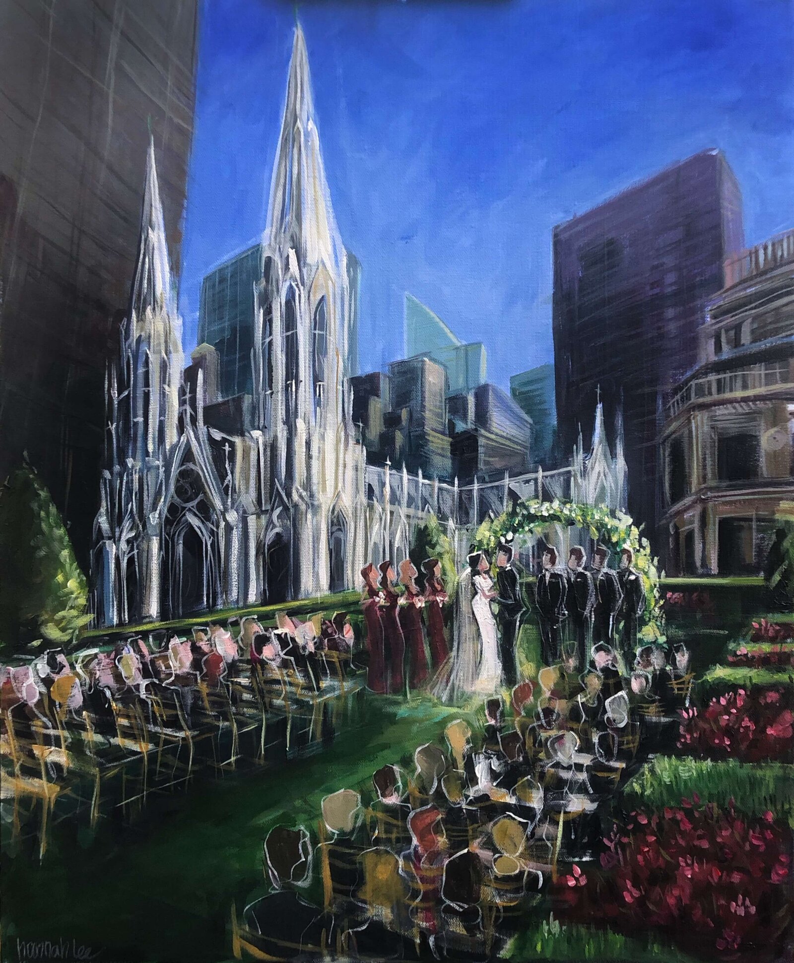 NYC Live Wedding Painting of 620 Loft & Garden Rooftop wedding ceremony overlooking St. Patrick's Cathedral - New York