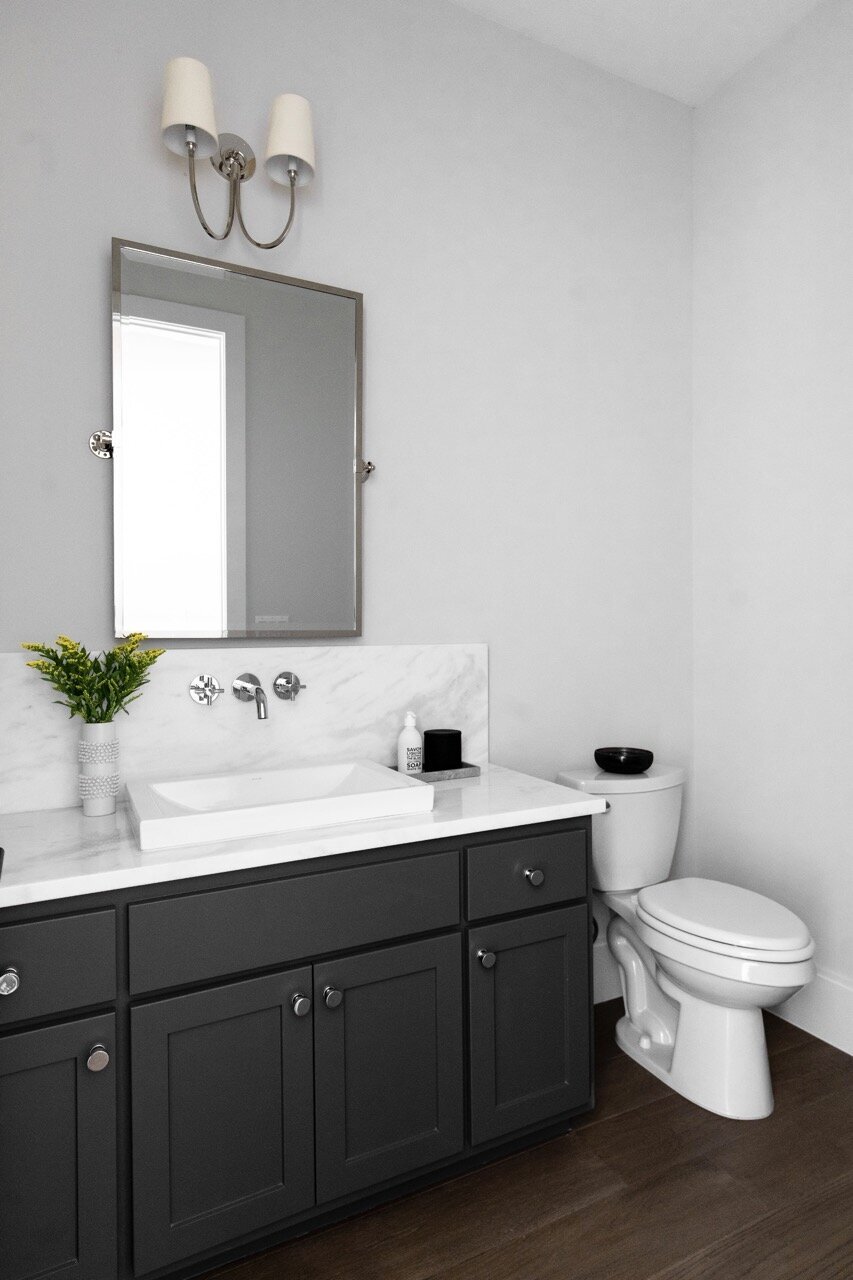 NUELA DESIGNS_POWDER BATH_Charcoal Gray Vanity and Quartzite Countertop