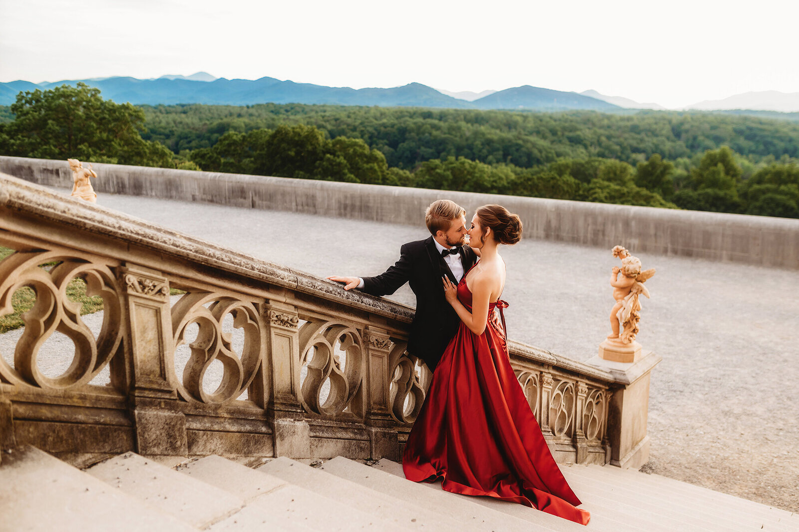A couple poses for Engagement Photos at Biltmore Estate in Asheville, NC.