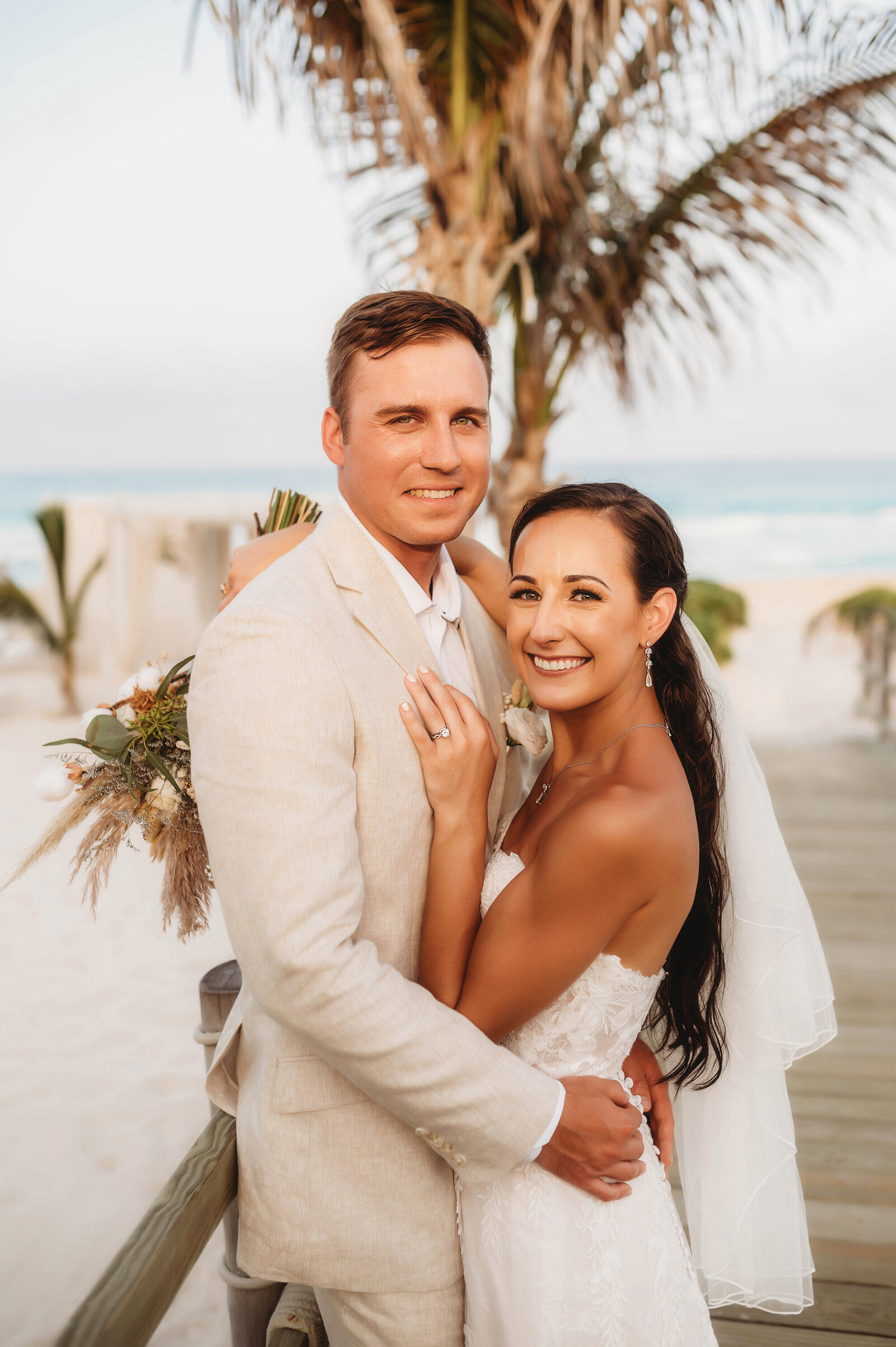 Newlyweds embrace during Elopement in Cancun Mexico.