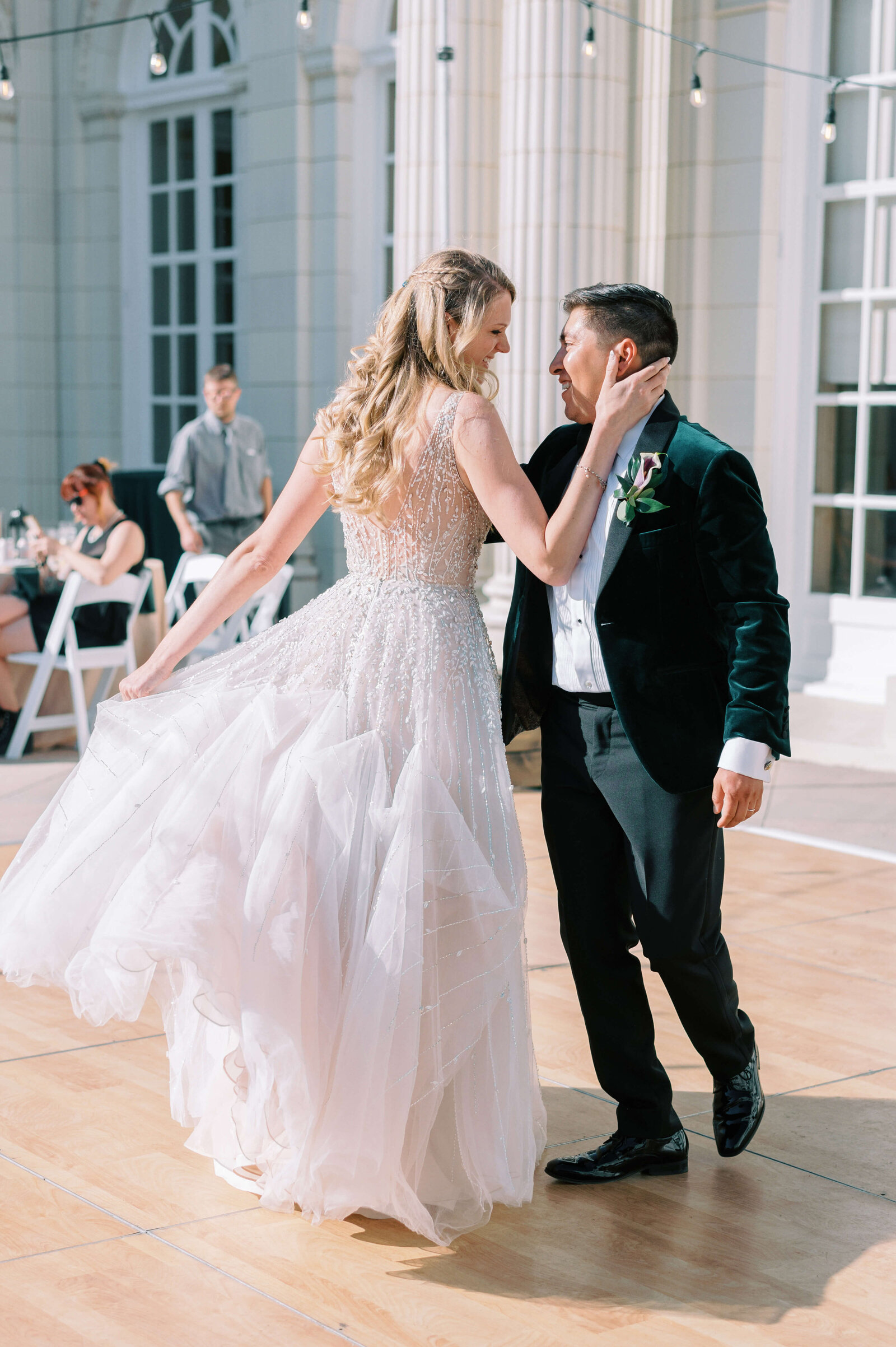 newlywed bride and groom dance together during their first dance at their virginia wedding