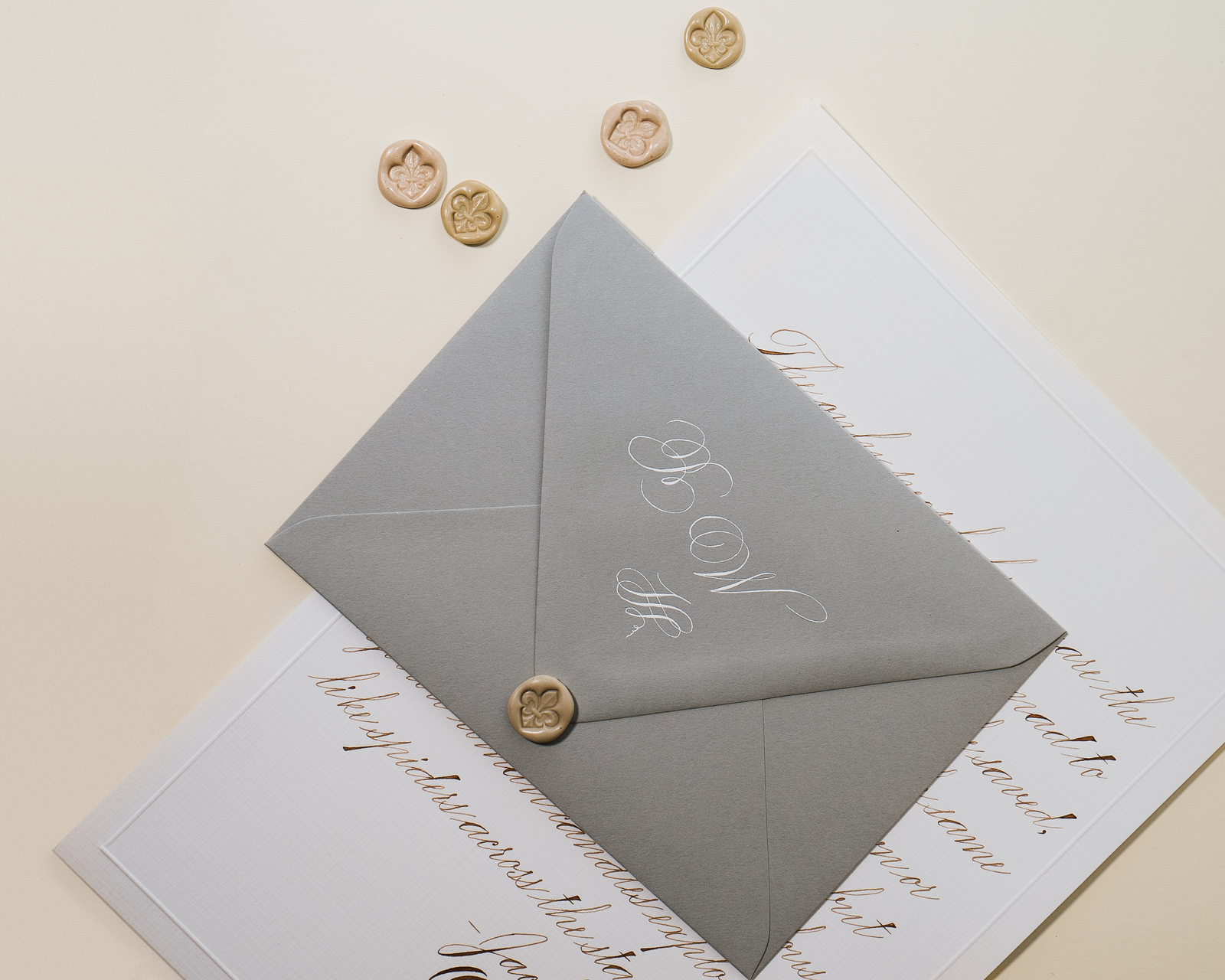 Grey  gray envelope calligraphy initials flourishing berlin elegant