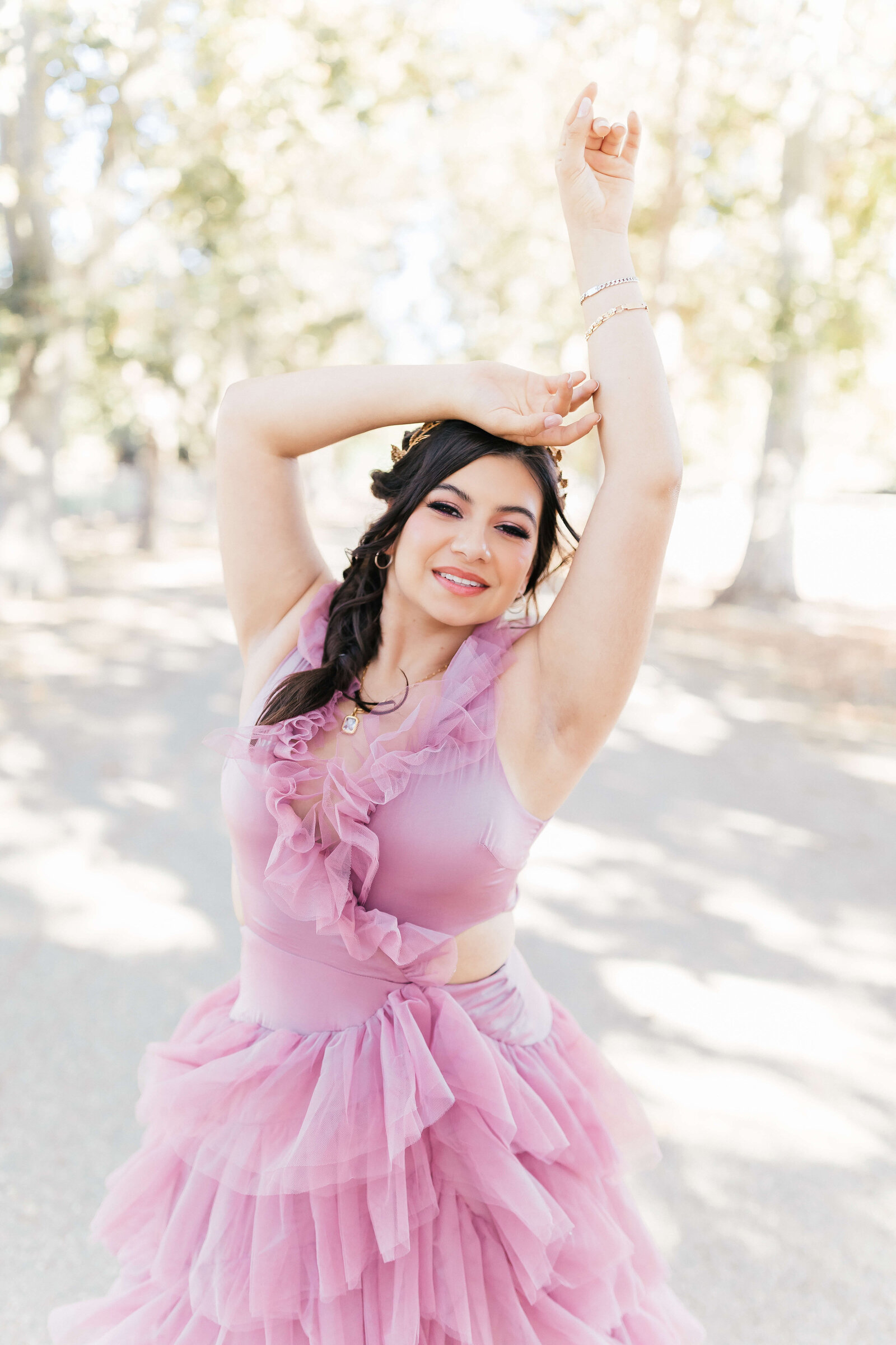 High school girl wearing whimsical flowy dress senior photo session