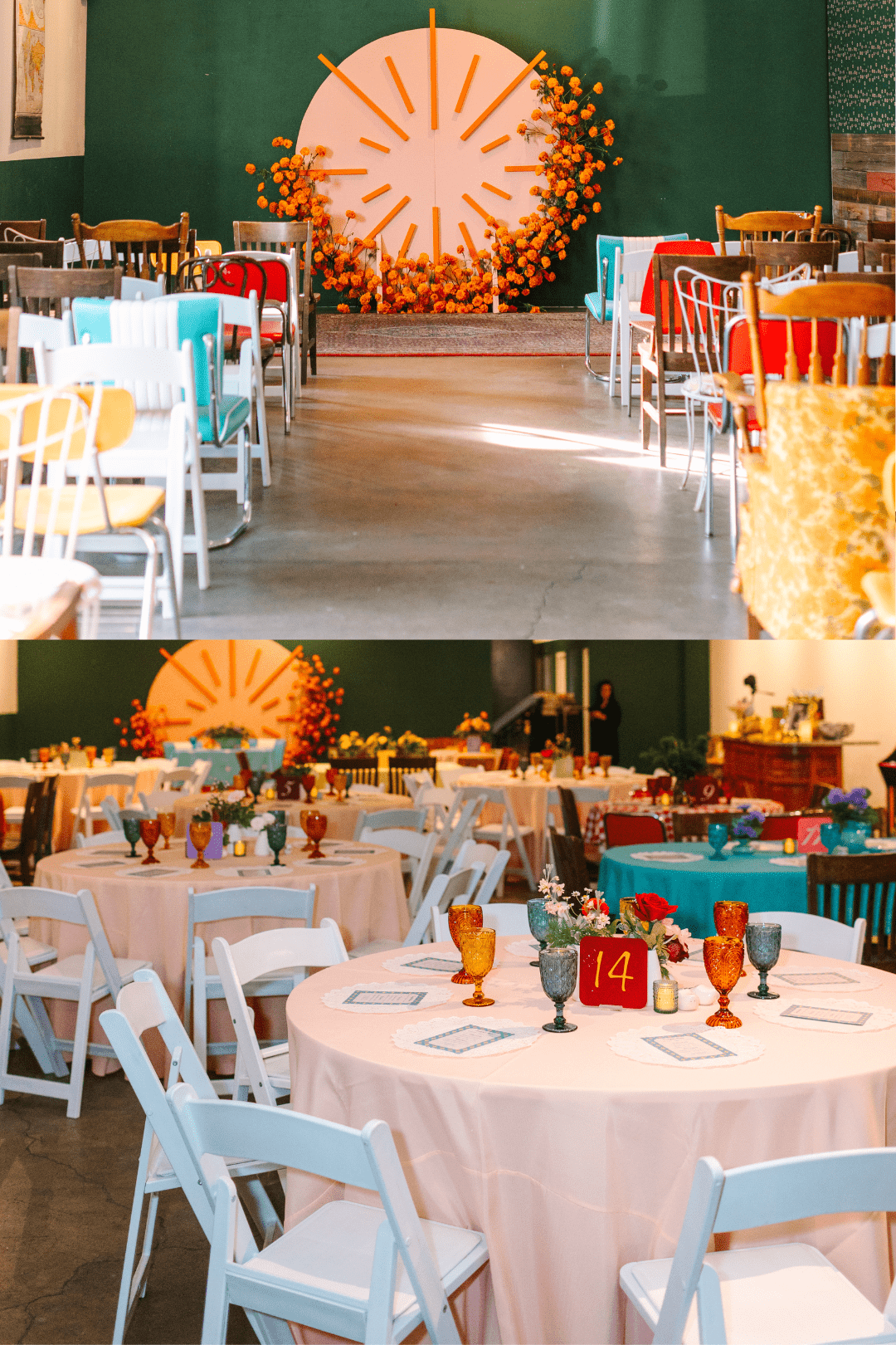 A handcrafted mid-century starburst wedding ceremony backdrop embellished with orange marigolds and rows of mismatched, colorful vintage chairs