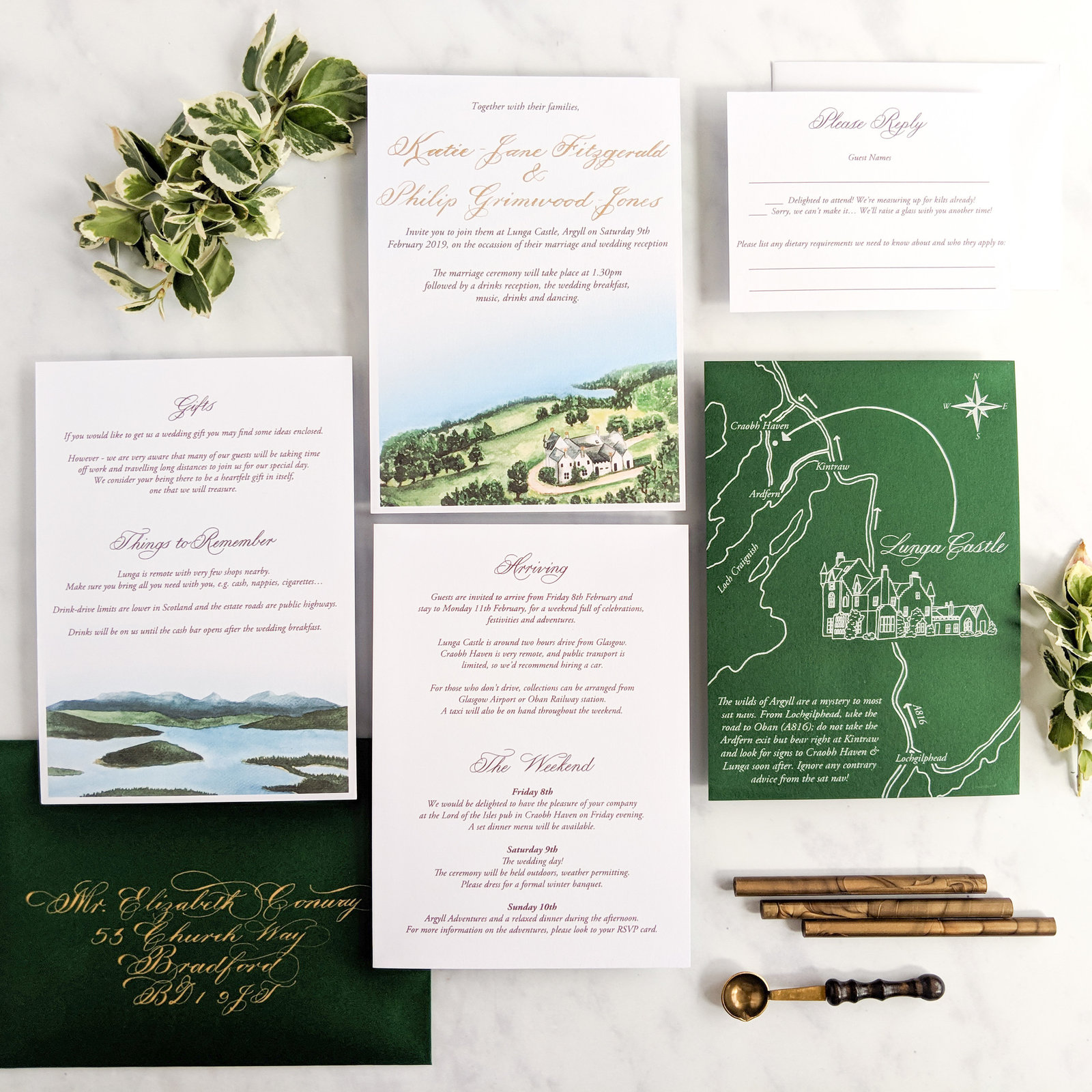 Scottish watercolour wedding invitations with hand drawn map