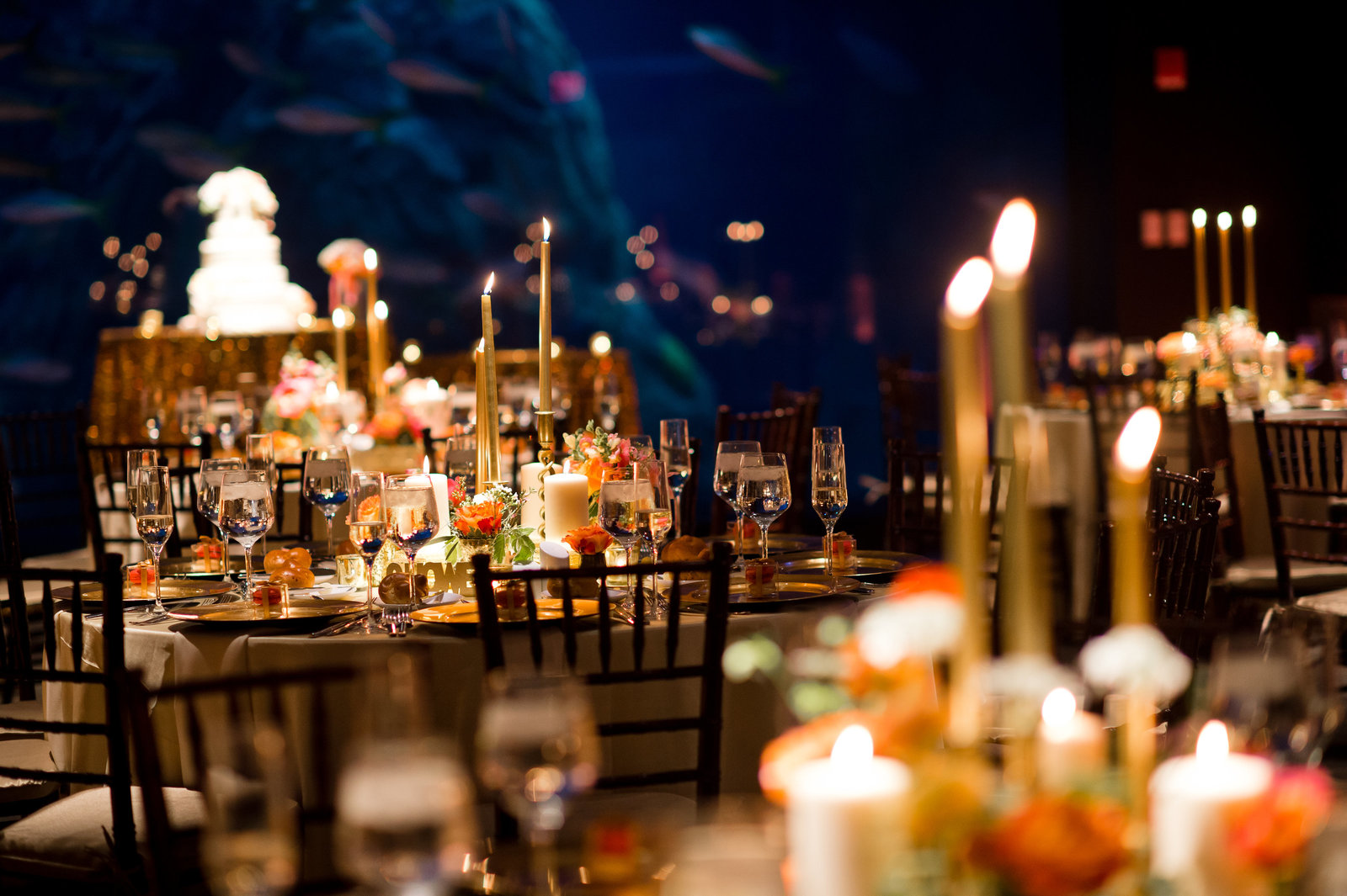 Gold and Coral Wedding reception decor and event design at  Adventure Aquarium
