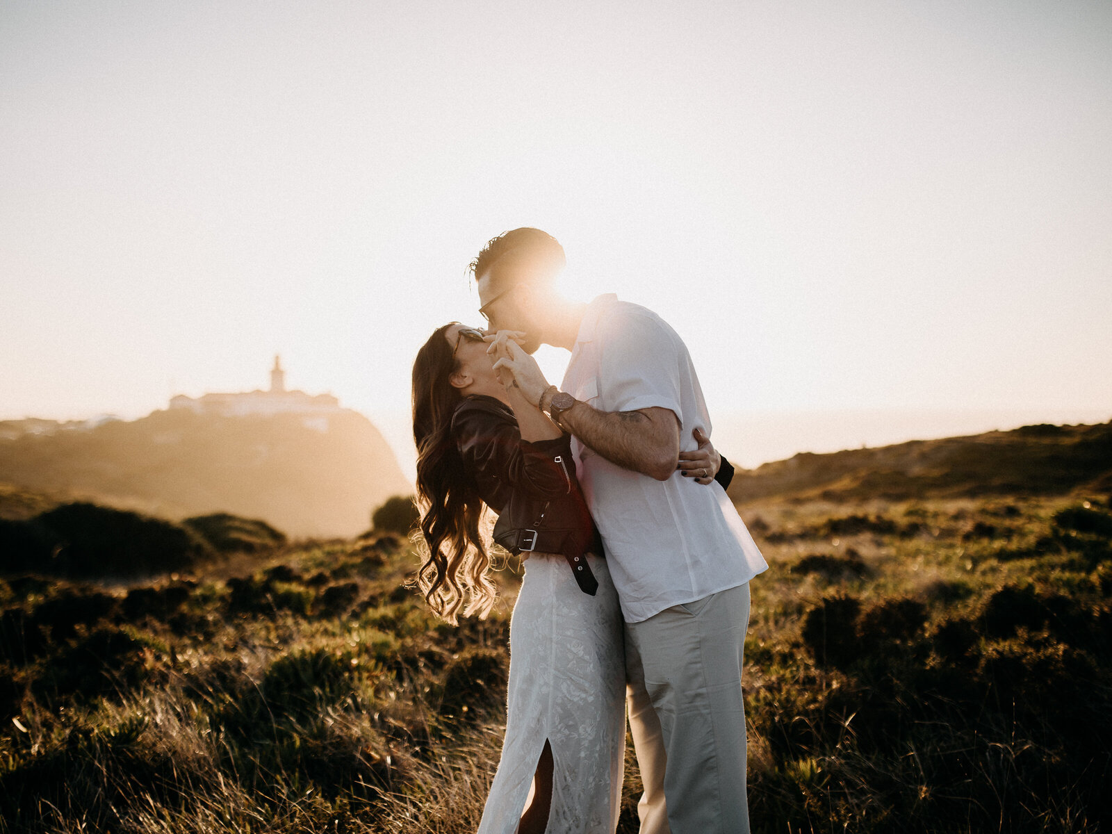 Sunset couple engagement session in Portugal, praia da ursa