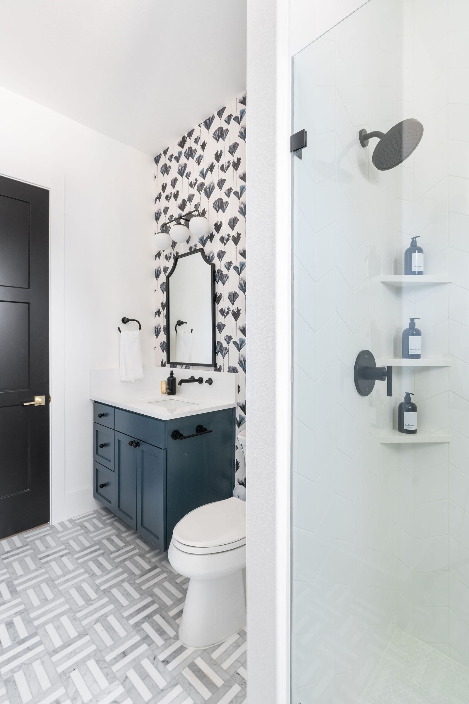 NuelaDesign_Blue Vanity and wallpaper bathroom design