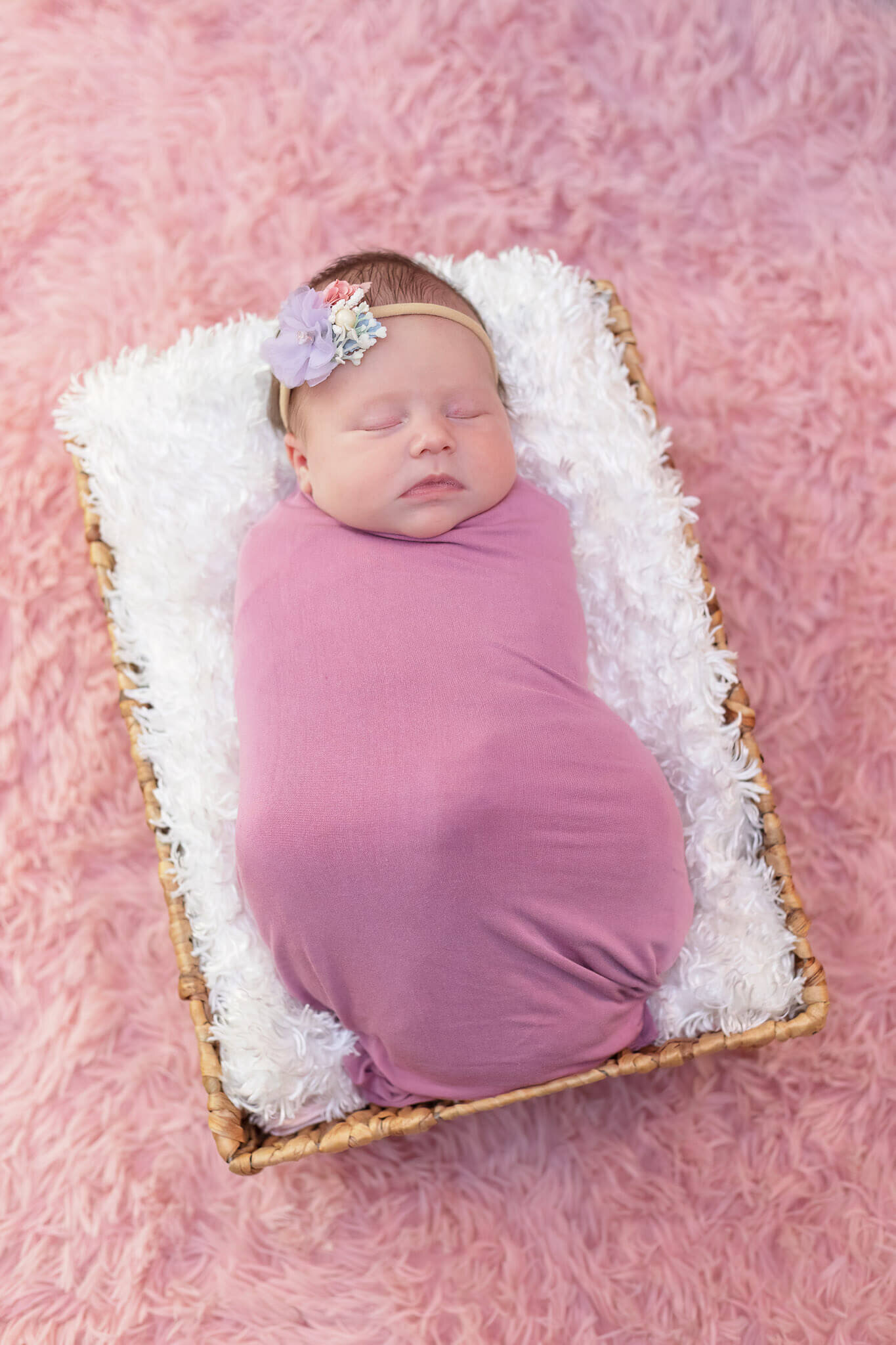A newborn girl wrapped in pink and in a basket with a white blanket.
