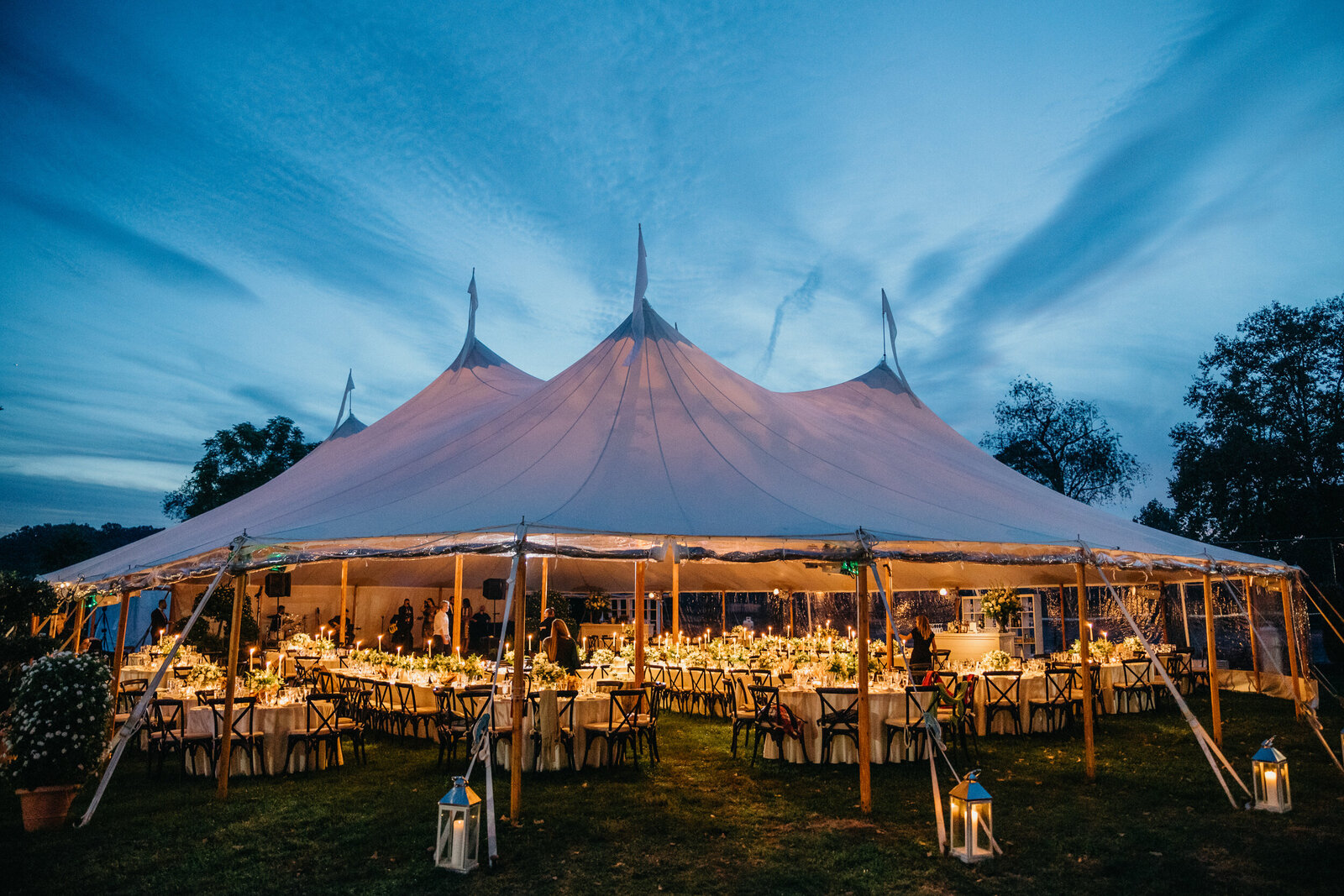 Evening lights at the Radnor Hunt Club wedding tent.