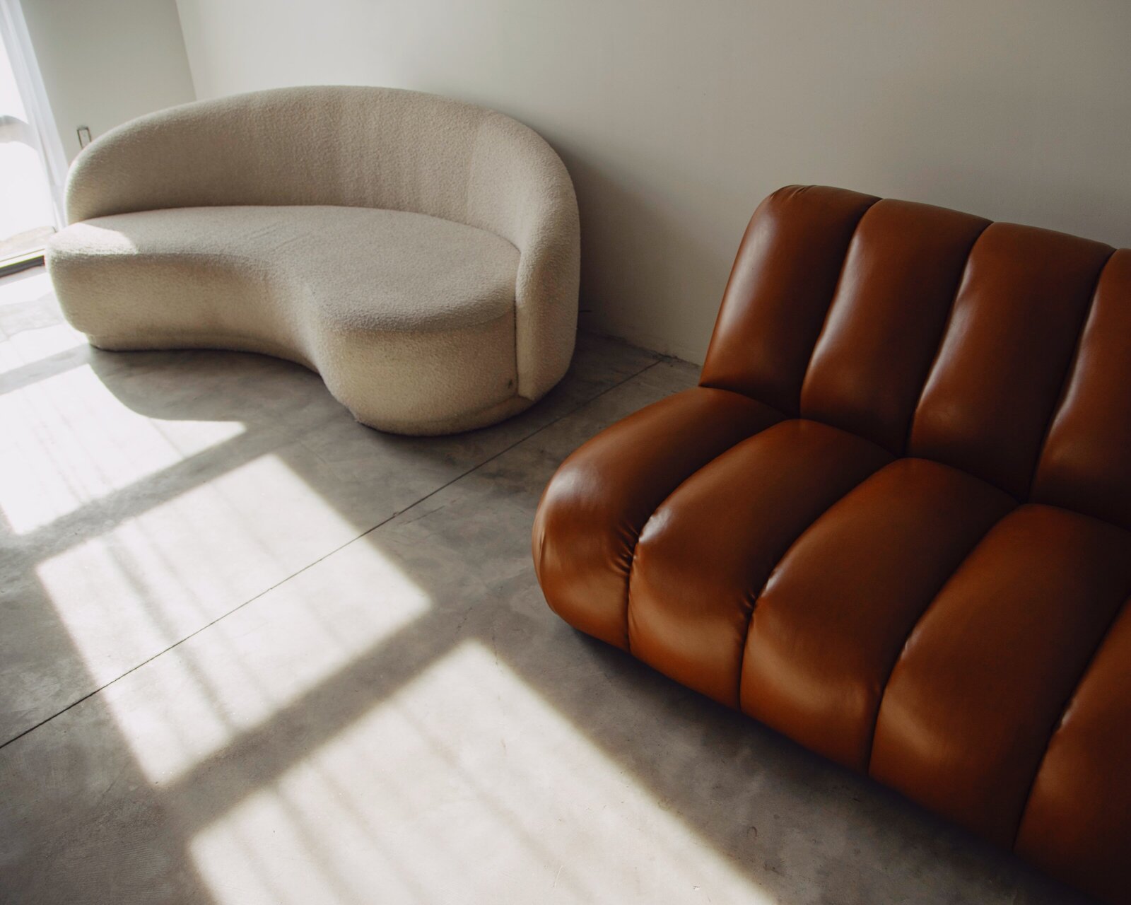 Leather and cloth couch in Albuquerque event space Light House Studio