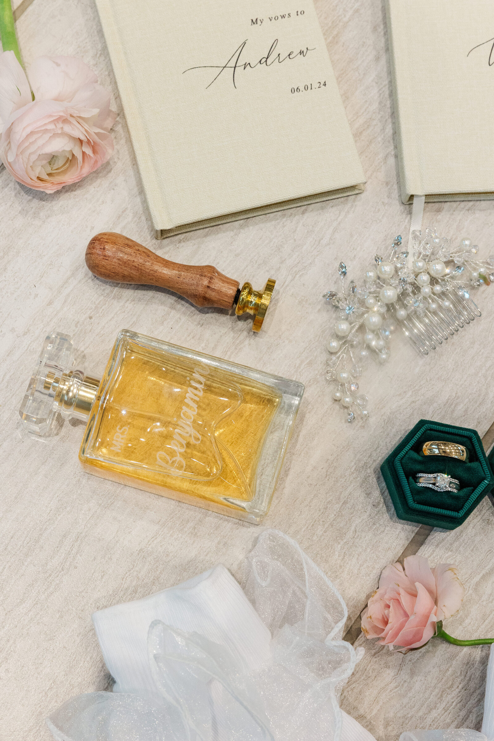 Bridal accessories perfumes and rings flat lay