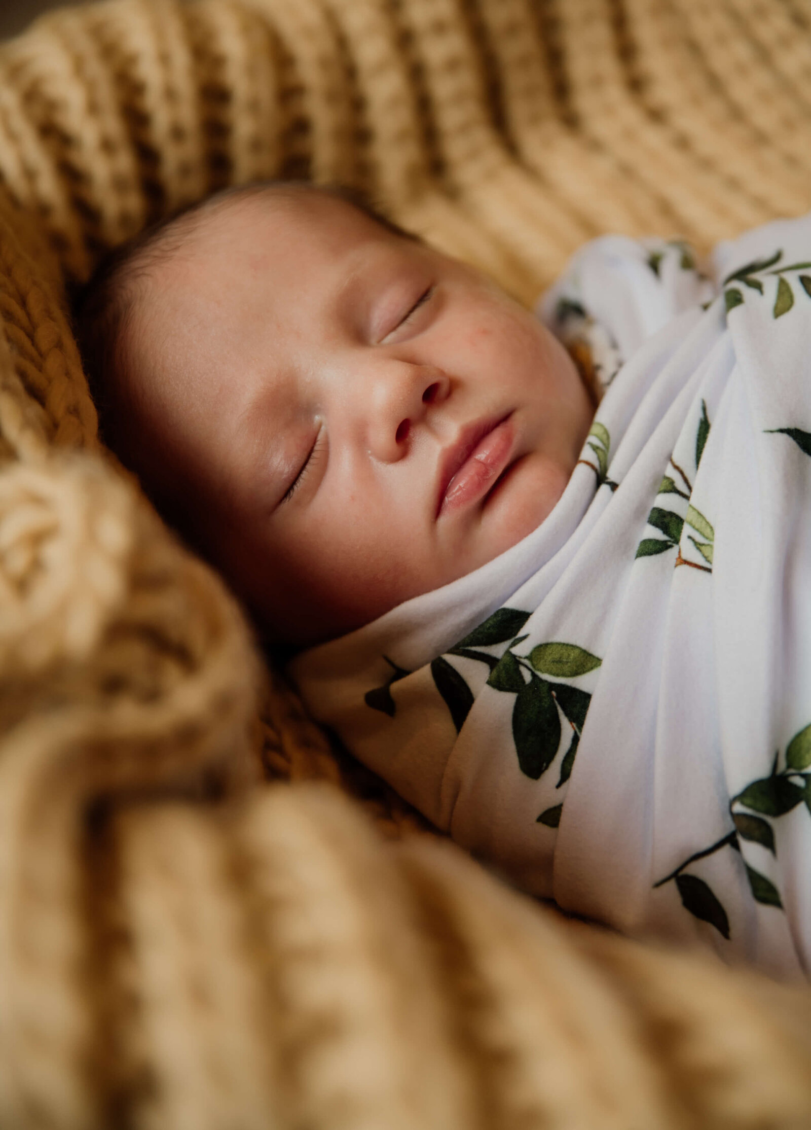 Sleeping swaddled baby boy.