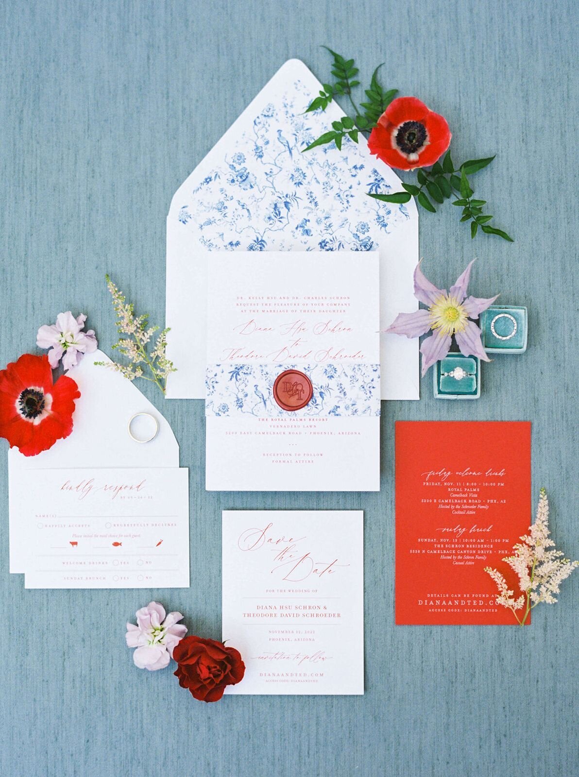 Semi custom wedding invitation suite in chinoiserie red and navy