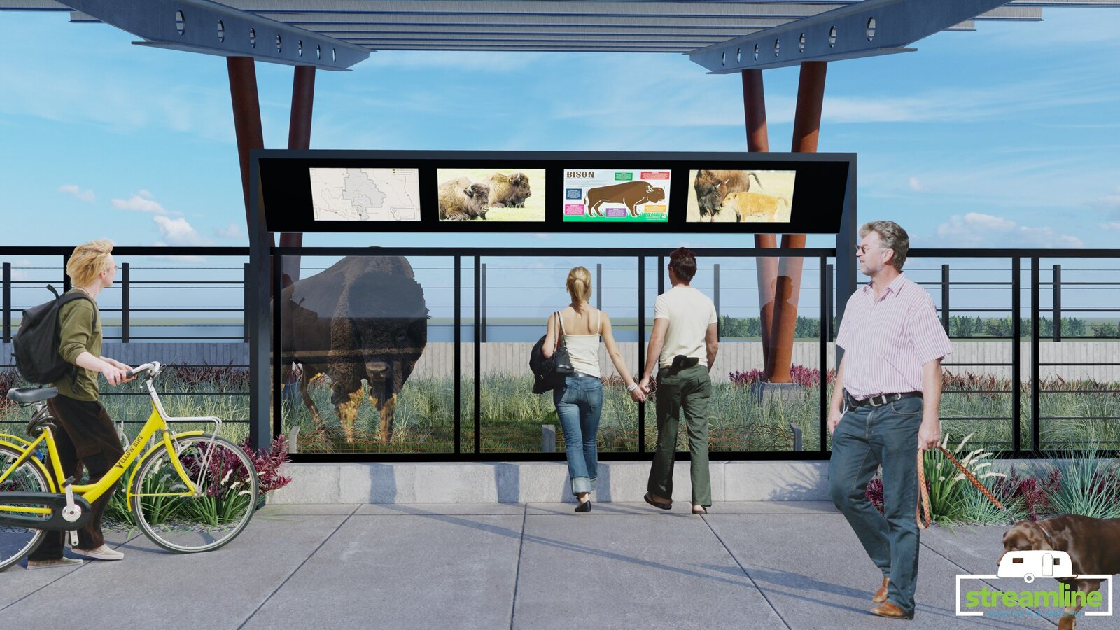 People walking across the Bison Bridge. Couple viewing a bison.