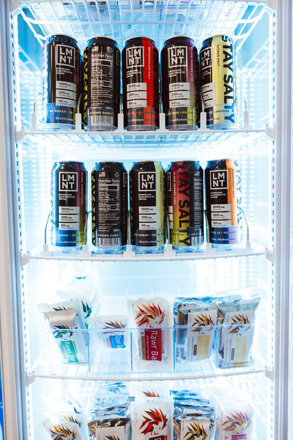 LMNT drinks stocked in a refrigerator.