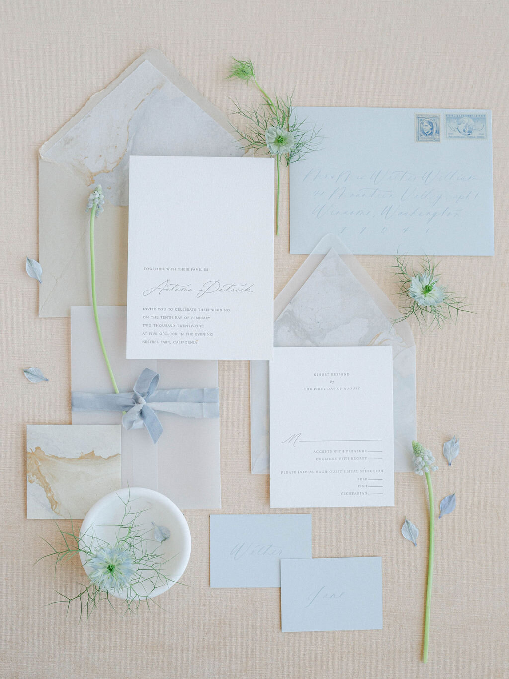 wedding invitation suite for a lavender wedding at Detroit’s Belle Isle’s