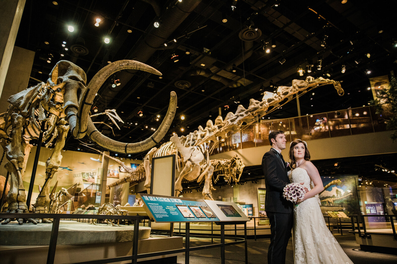 A couple stands in front of two giant dinosaur and mammoth skeletons at the Perot Museum in Dallas, Texas. They are looking off in the distance.