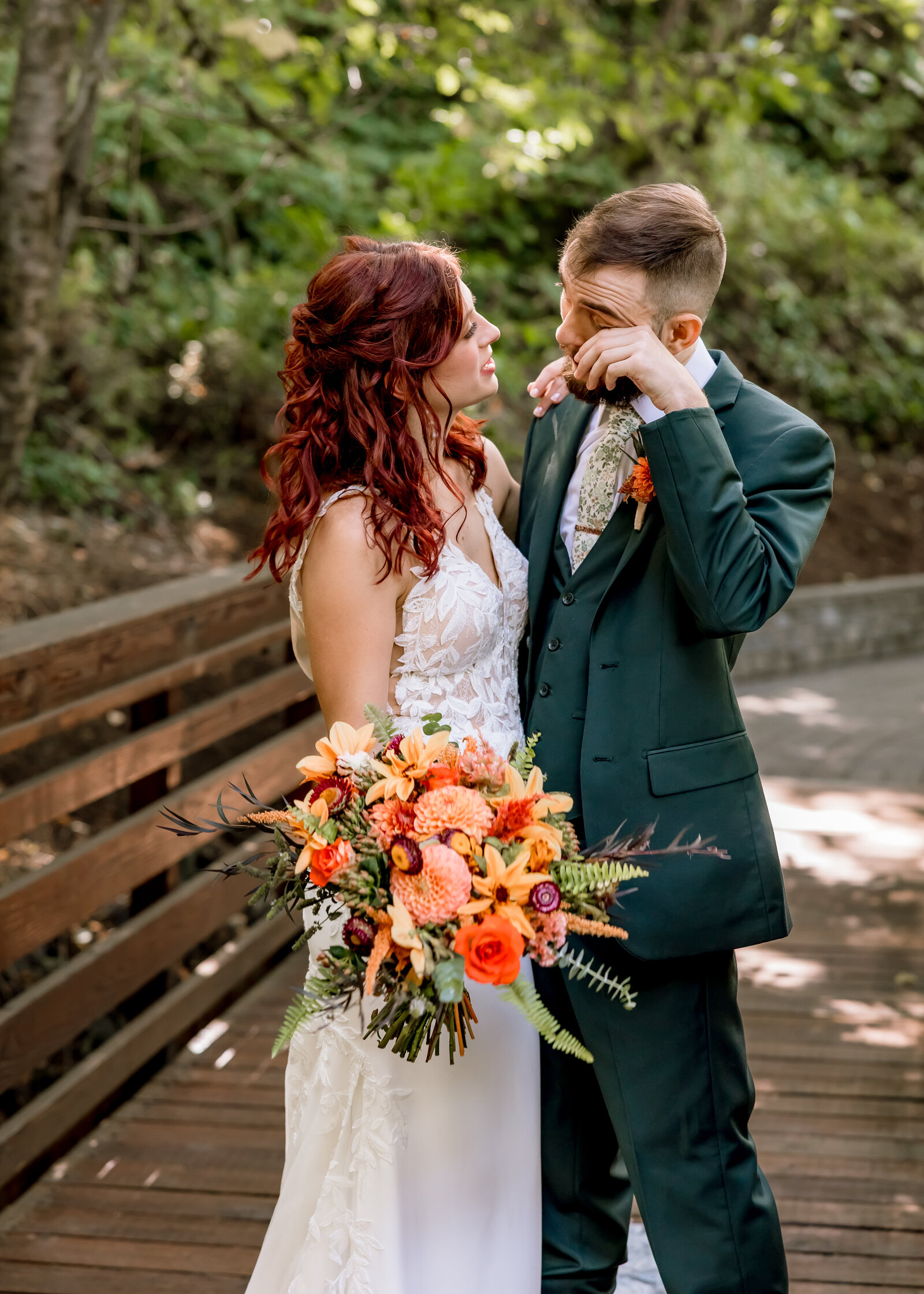 Couple getting married in the veiled garden at the Abernethy Center in Oregon City.