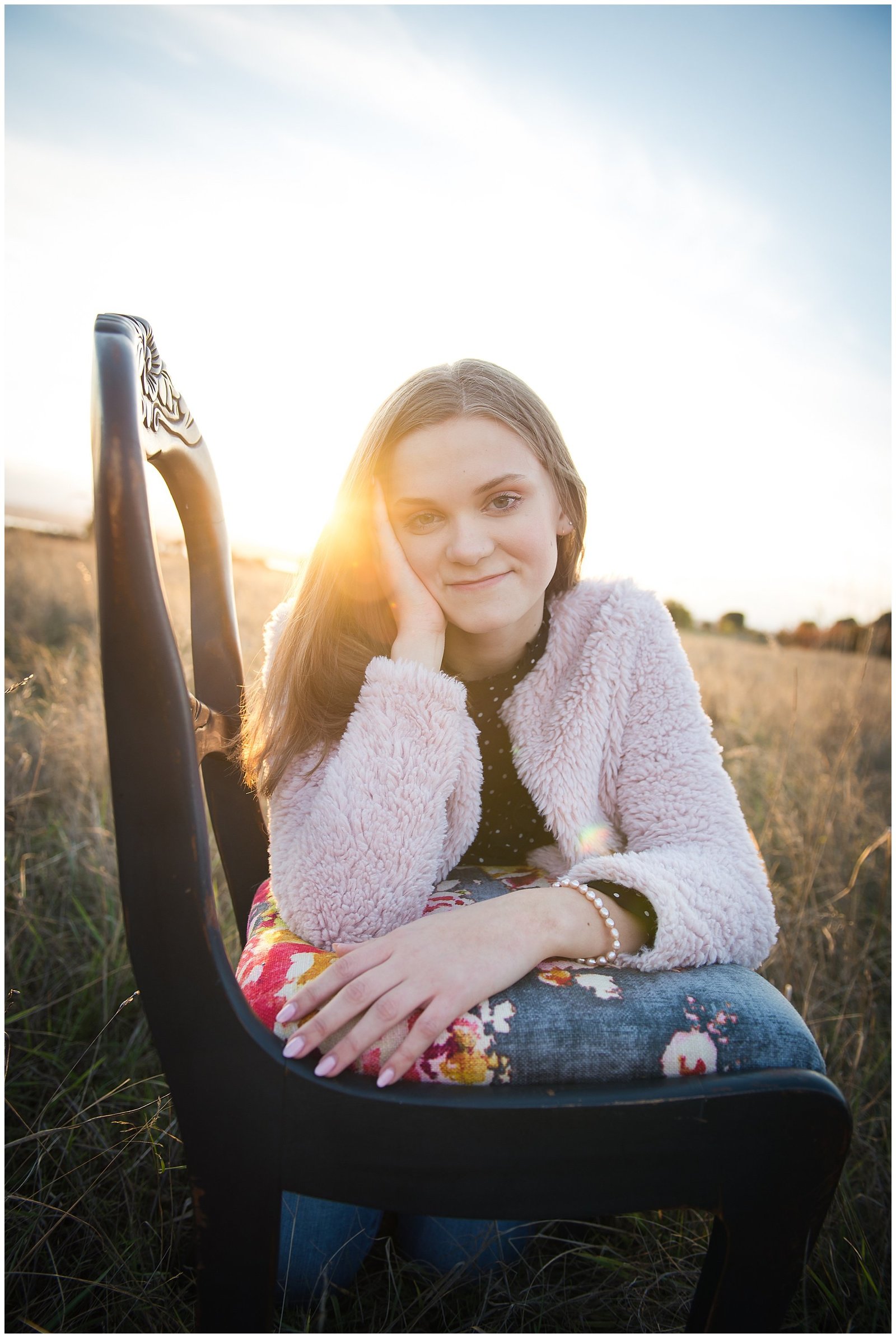 High School Senior Girl portrait on chair at sunset in field Emily Ann Photography Seattle Photographer