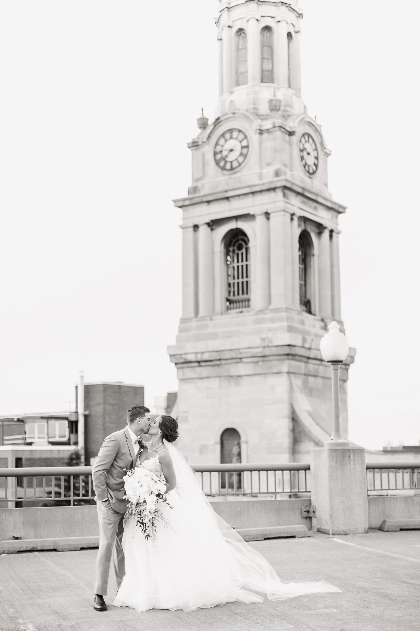 Black and white wedding portrait of a downtown wedding