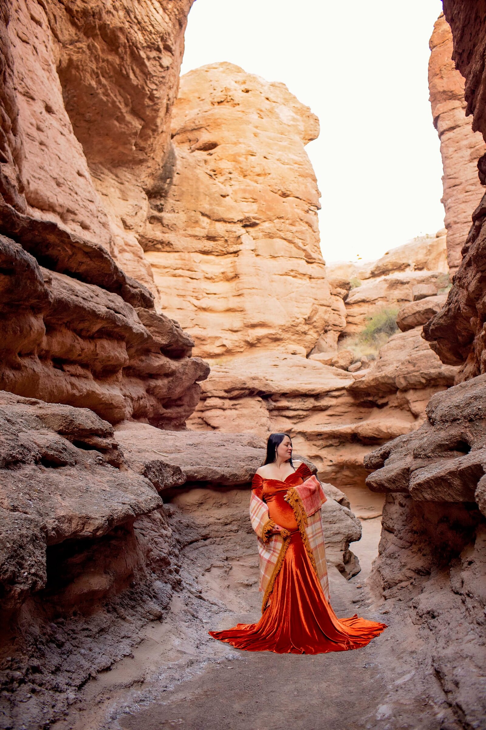 Slot-Canyon-maternity-session-orange-velvet-dress