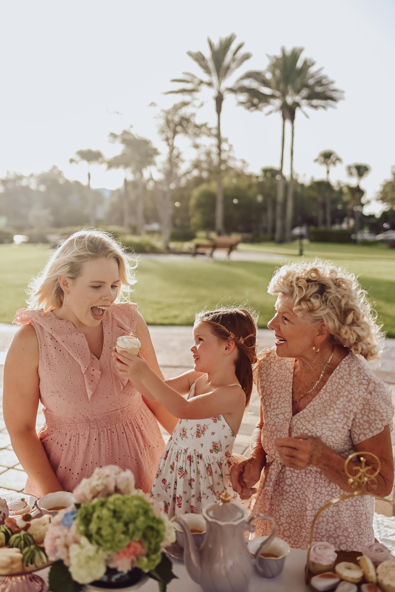 all pink tea party with mom and grandma