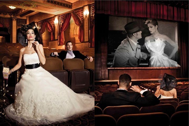 Makeup for a model sitting in a movie theater in a wedding dress