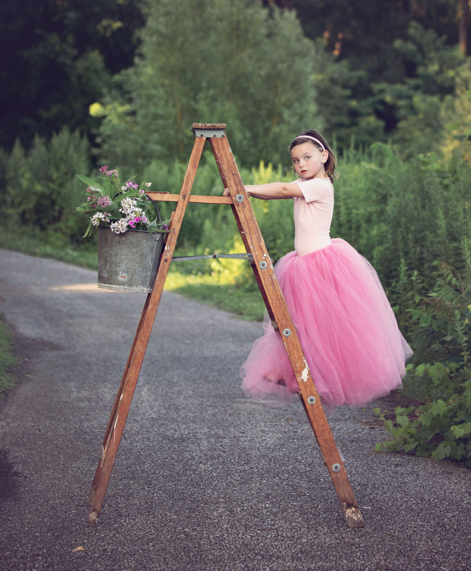 Photo of a little girl in a pink tutu standing on a ladder in a park in Erie Pa