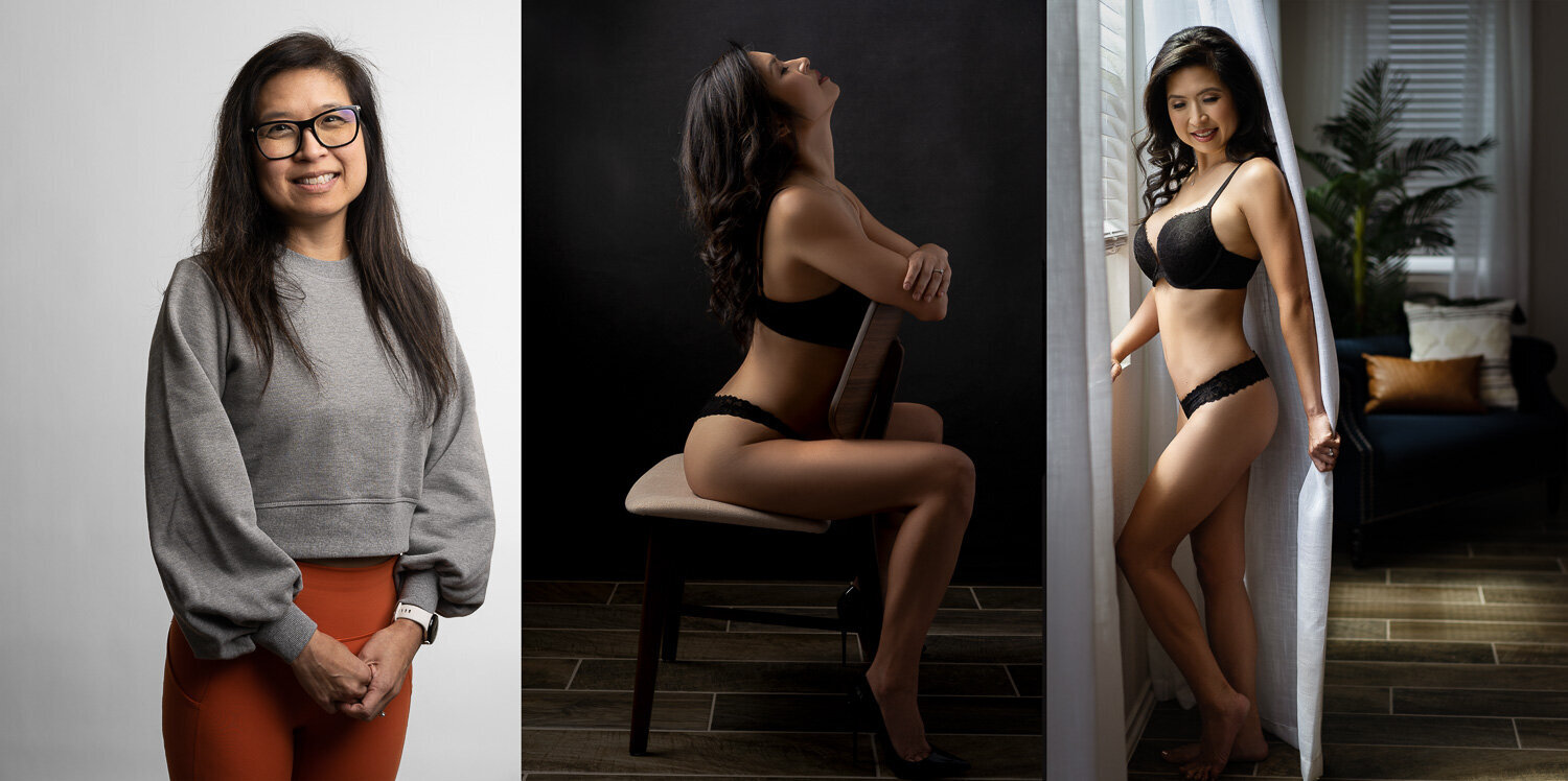 Before and after transformation of a boudoir client at Art of You Boudoir in Austin, TX. A stunning confidence boost captured through luxury photography.
