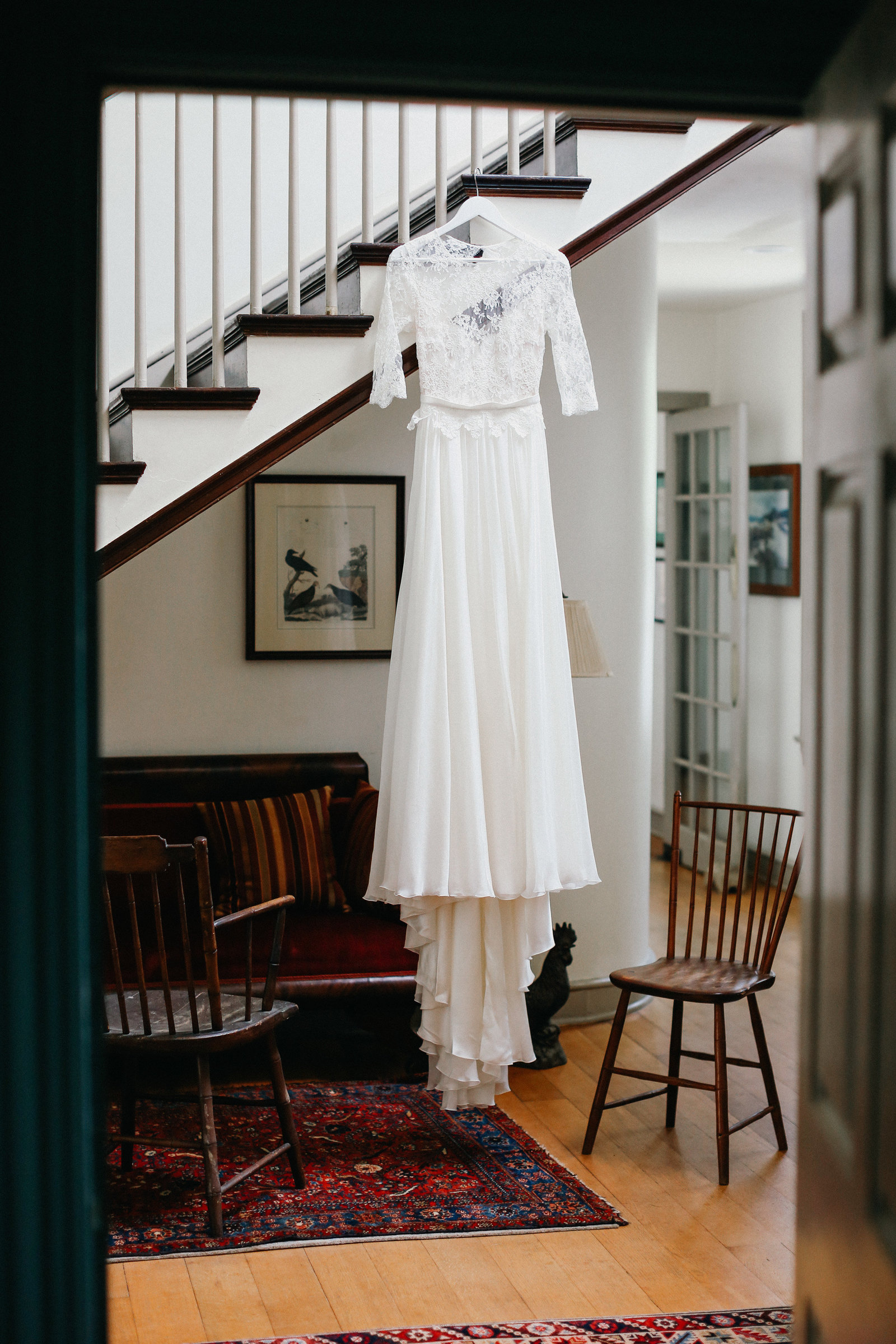Margaux Tardits wedding gown hanging pretty in the family's Phoenixville estate.