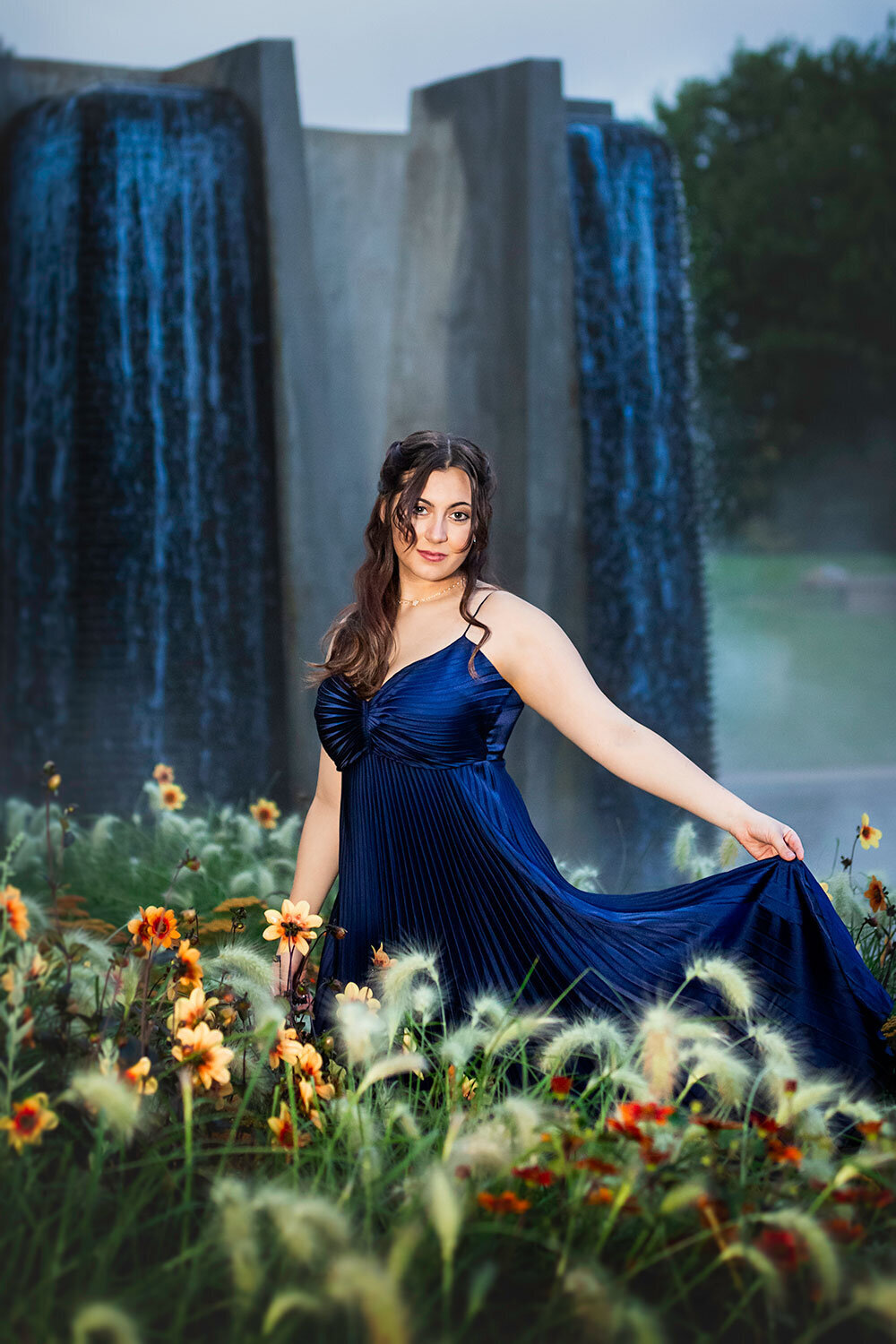 waterfall-blue-senior-high-school-girl-pose-dramatic-cinematic-Denver-Botanical-Gardens