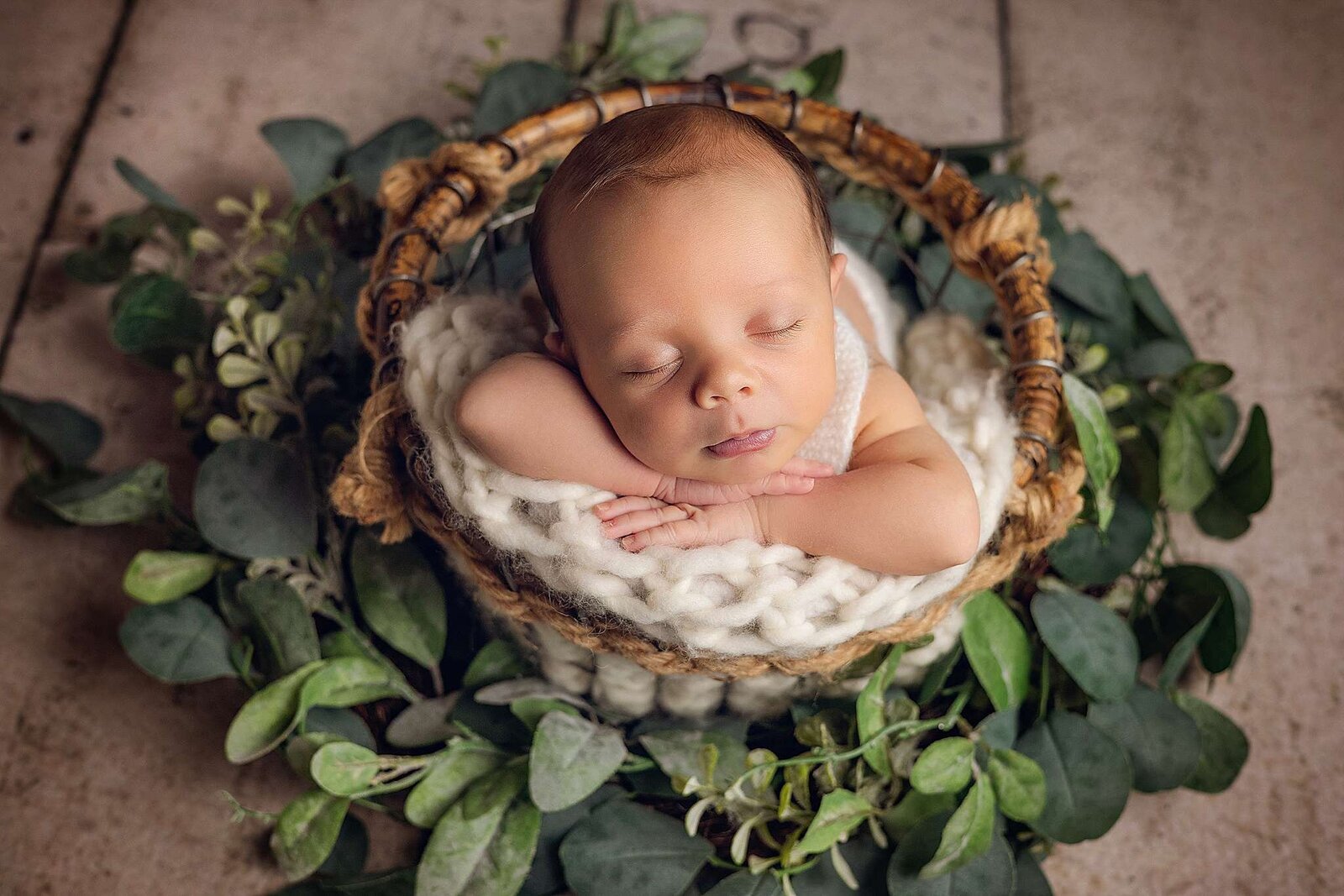 Newborn baby peacefully sleeping in a basket surrounded by lush greenery, captured by Bia Schaefer, Orlando photographer.