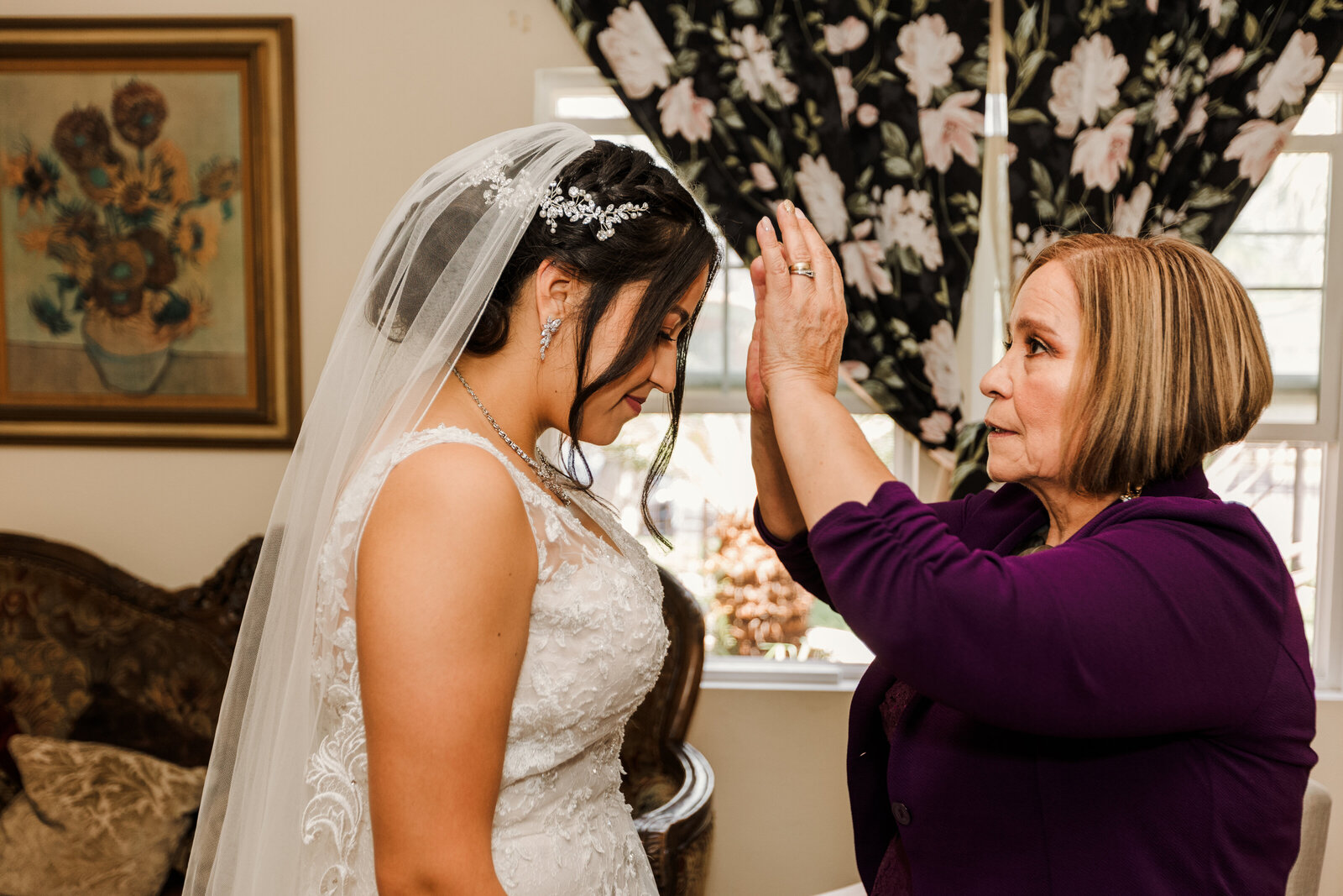 Mother of the Bride gives a blessing before leaving for the wedding in Santa Ana