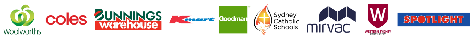 Logos of Serlana Construction's trusted project partners including Woolworths, Coles, Bunnings Warehouse, Kmart, Goodman, Sydney Catholic Schools, Mirvac, Western Sydney University, and Spotlight.