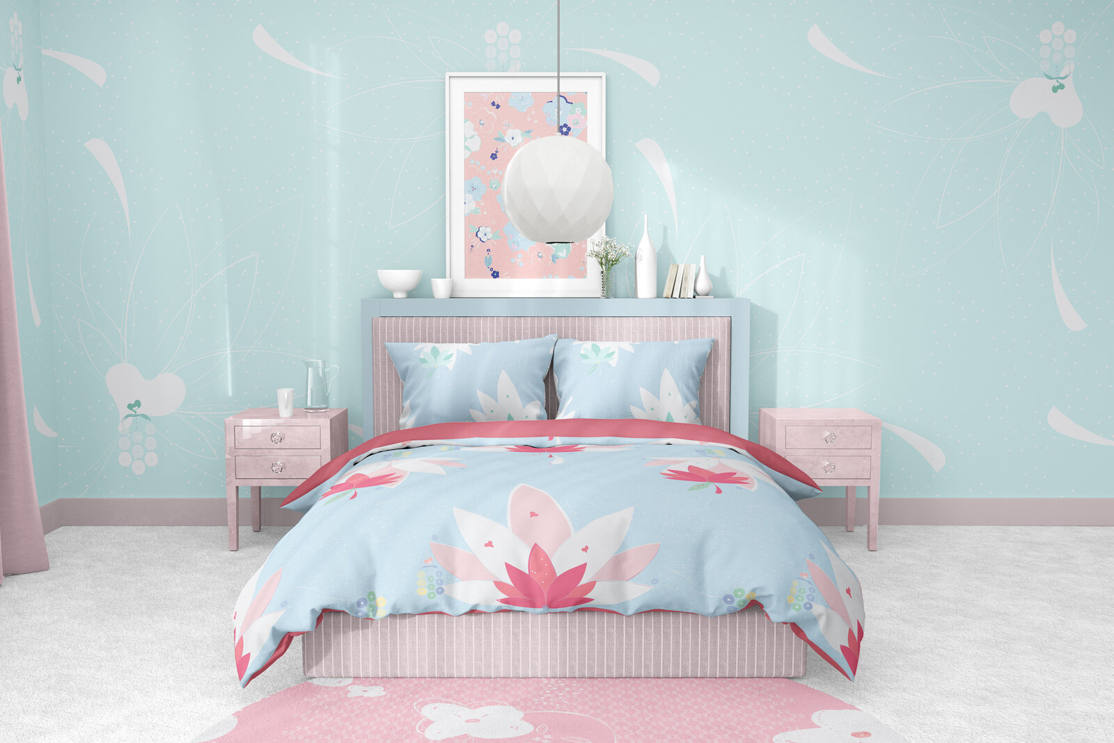blue, pink, and white patterned bedspread in wallpapered bedroom