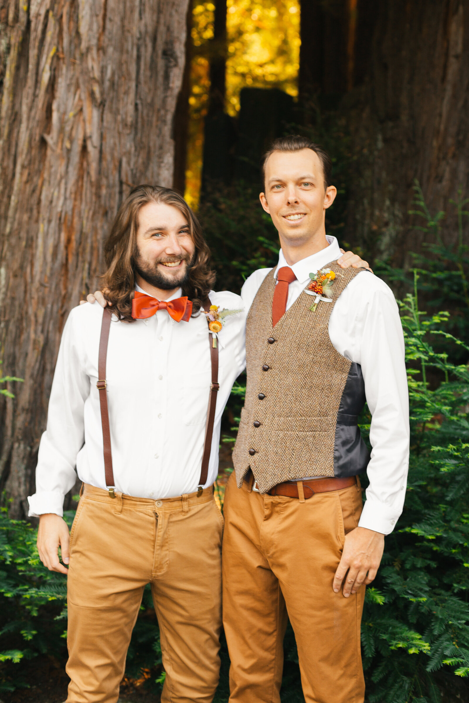 Groom and groomsmen at his colorful wedding ceremony in Santa Cruz, California in the redwood trees.
