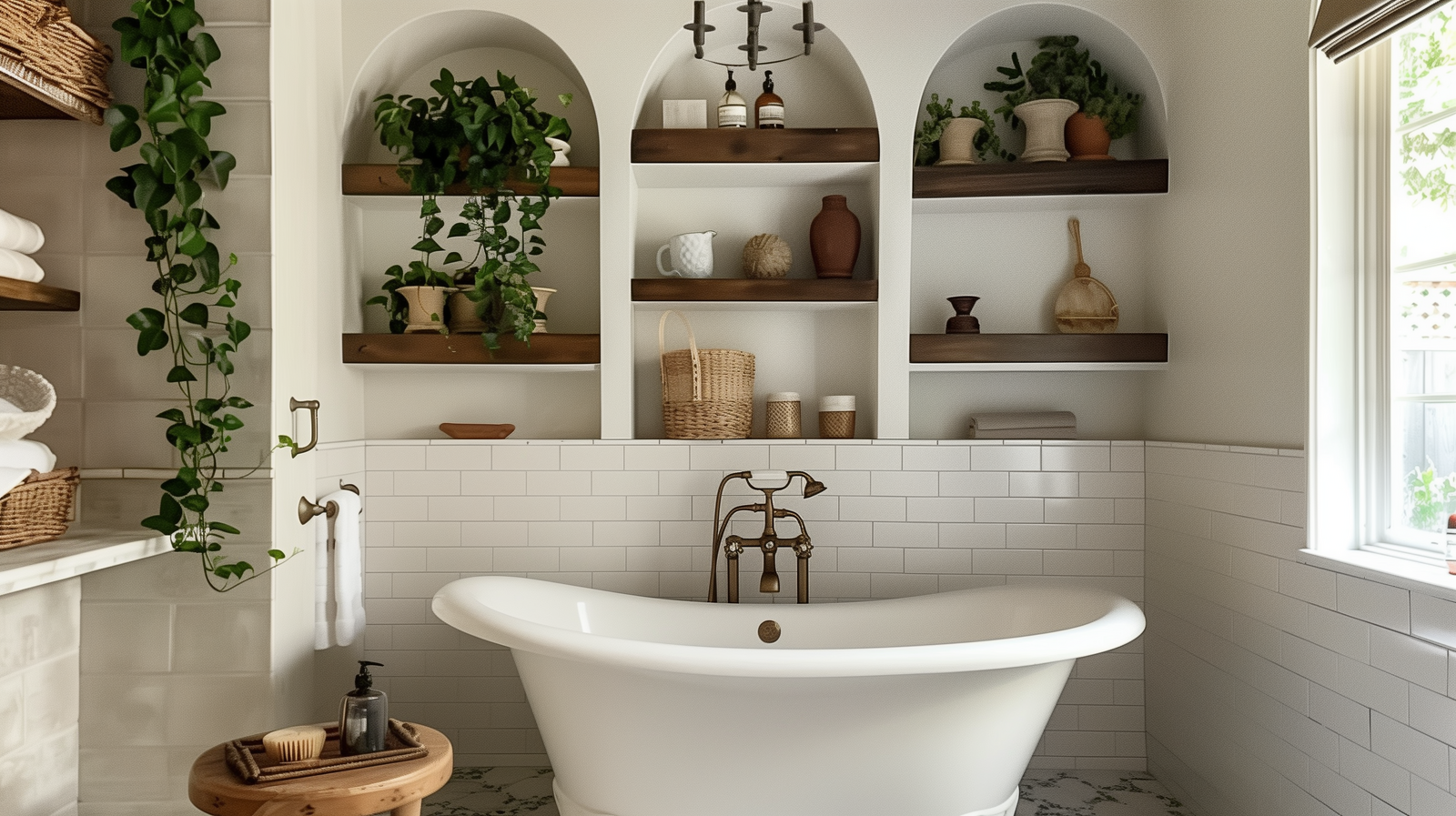 Modern bohemian bathroom design featuring a neutral color palette and biophilic design elements.