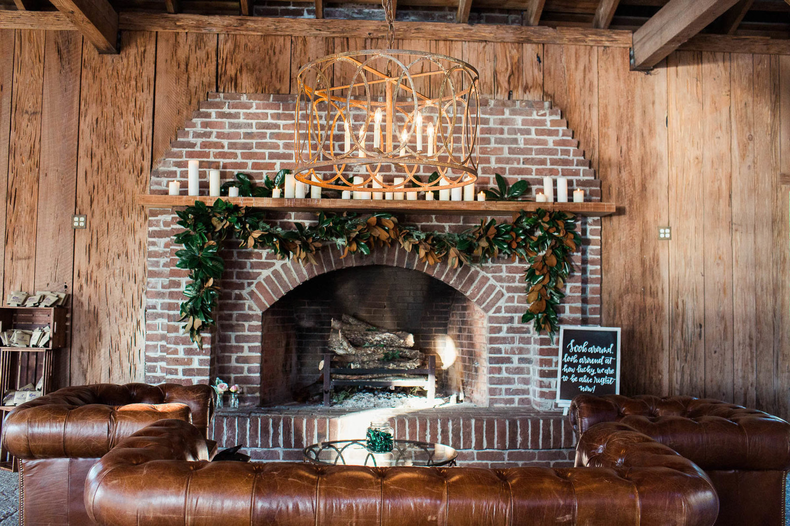 Cotton Dock fireplace is decorated with candles and garland, Boone Hall Plantation, Charleston, South Carolina