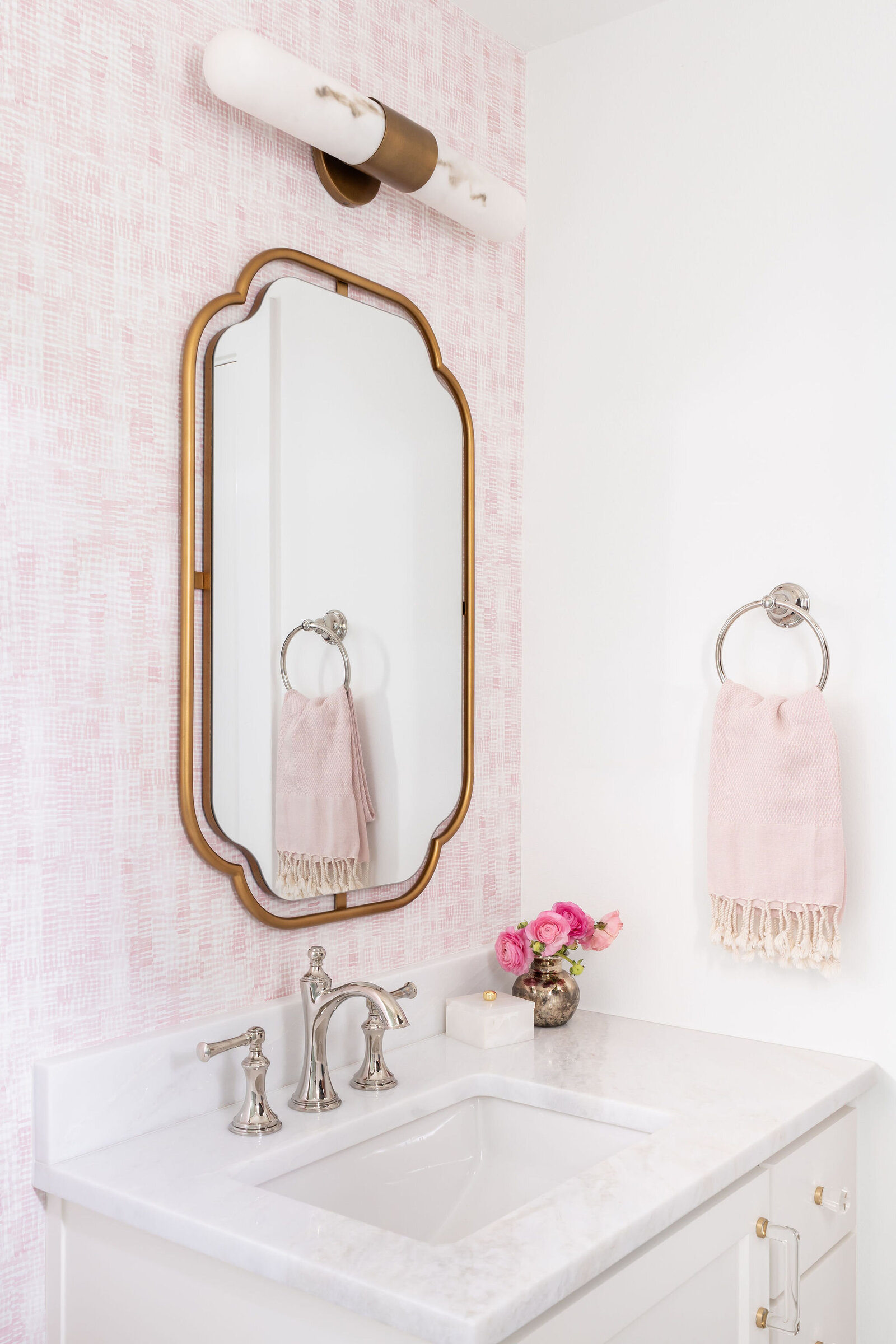 Nuela Designs Little Girl Bath with Gold Mirror and Pink Wallpaper Rebecca Atwood