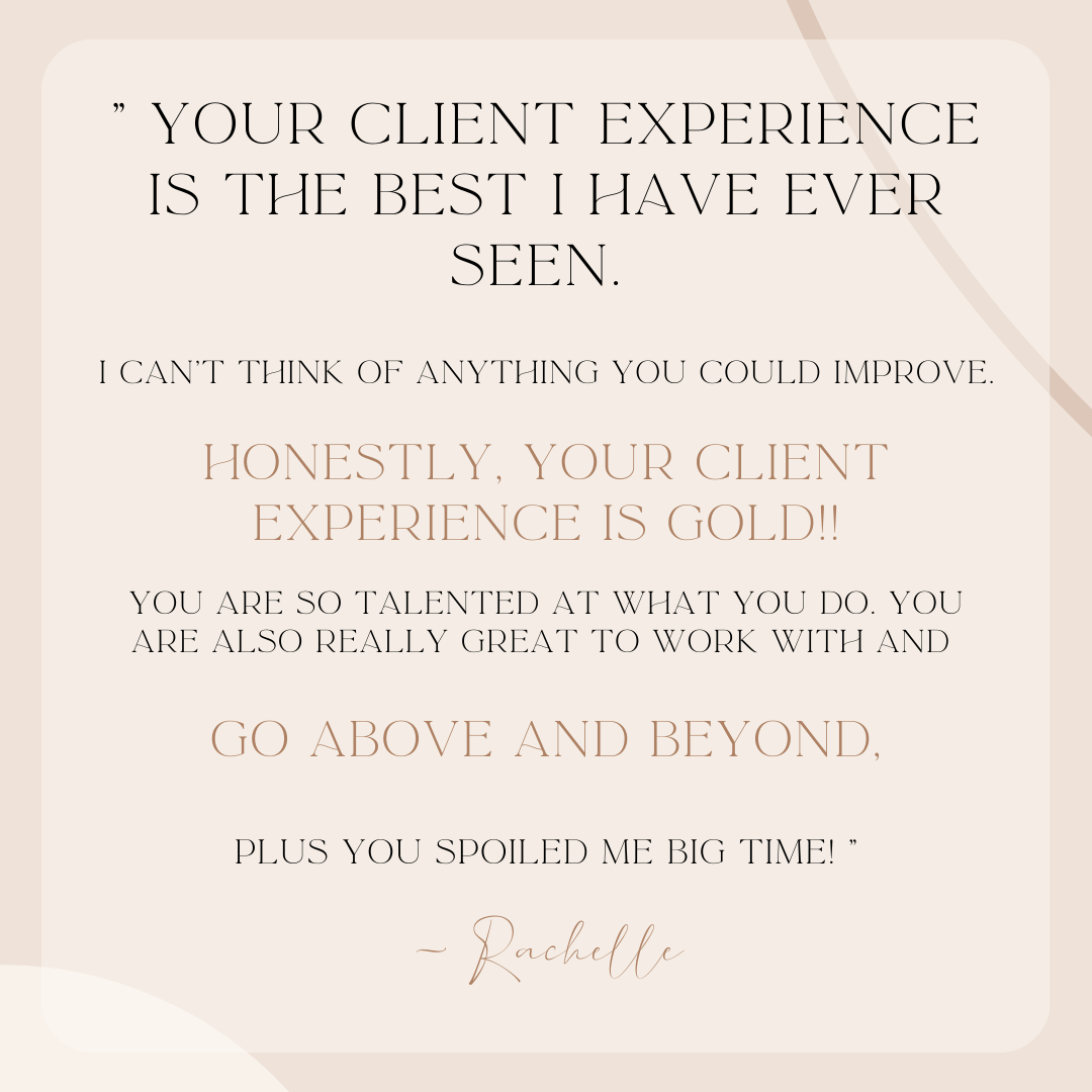 A testimonial with positive feedback about a client experience, praising service quality and the professional relationship, signed by rachelle.