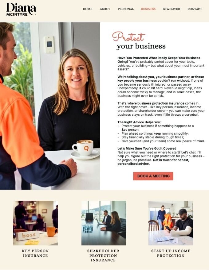 Business insurance website section featuring Diana McIntyre and a small business client — custom branded content created by AI-Gen.Studio.