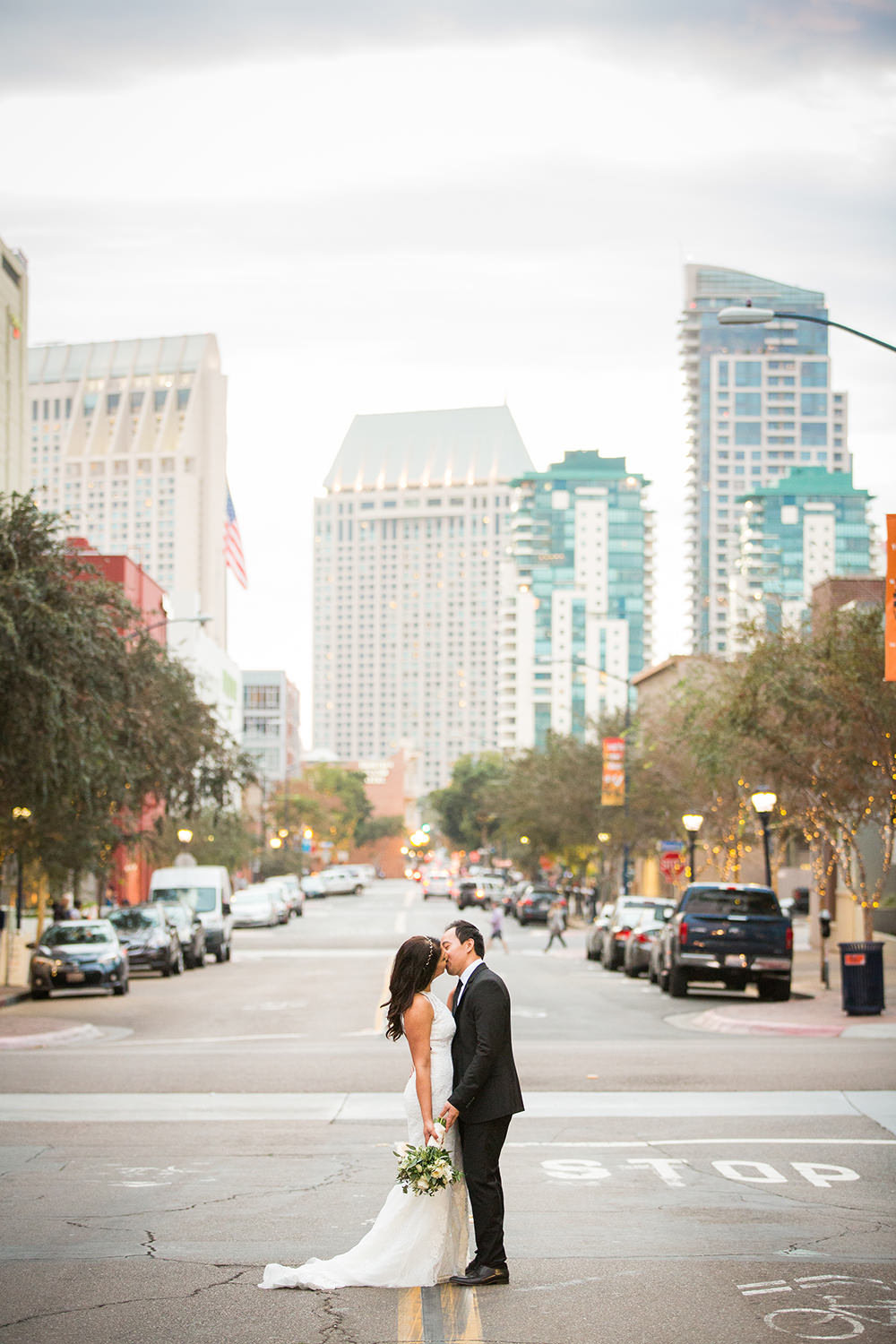 bride and groom in the gaslamp for their luce loft wedding petco park