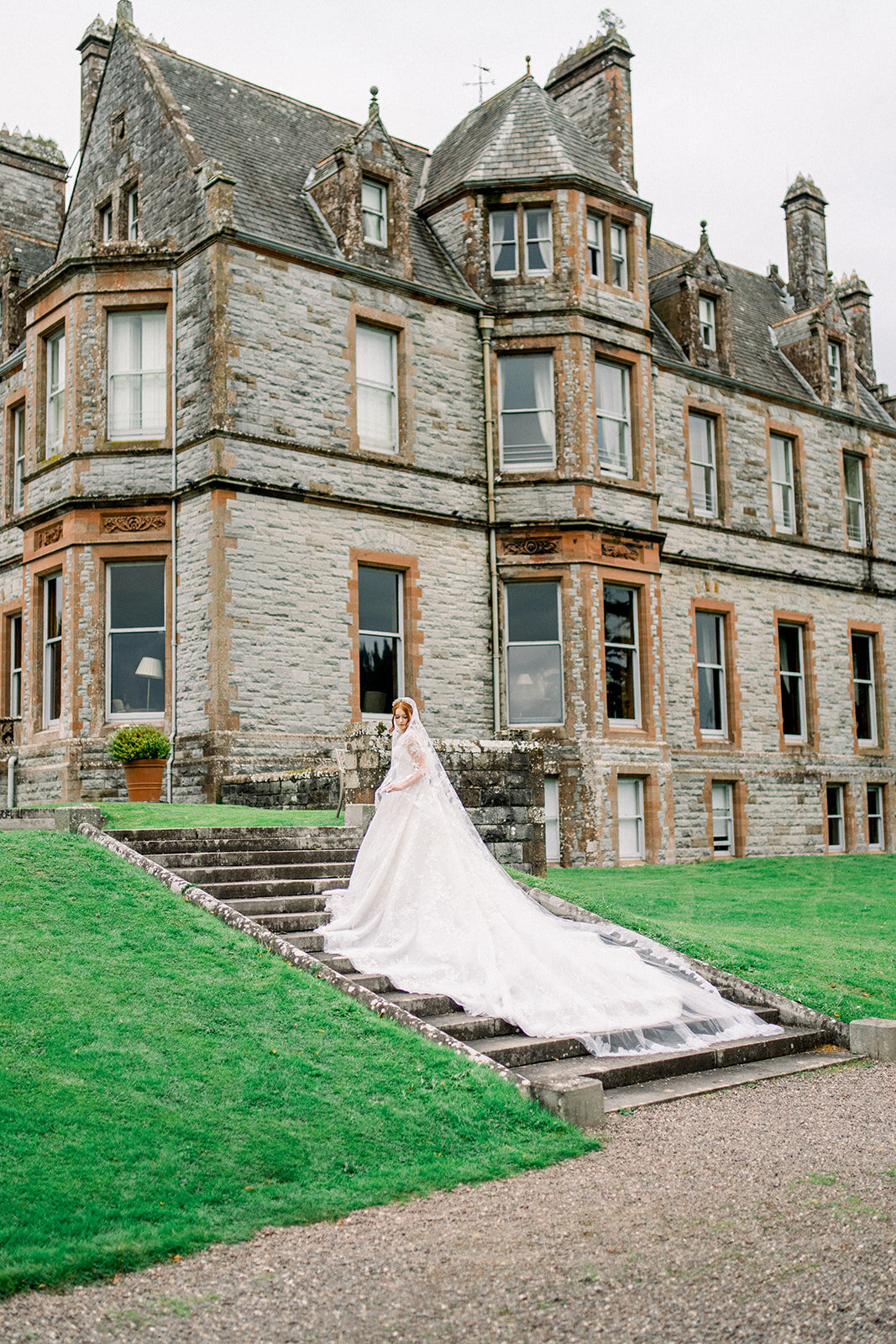 Elegant Wedding Dress with Blue Florals at Castle Leslie, Ireland