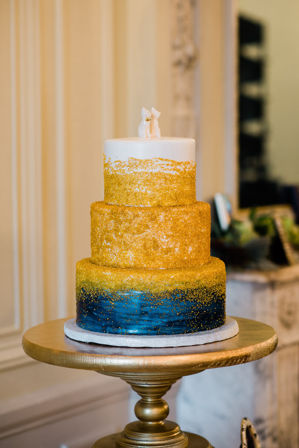 unique gold and blue metallic wedding cake