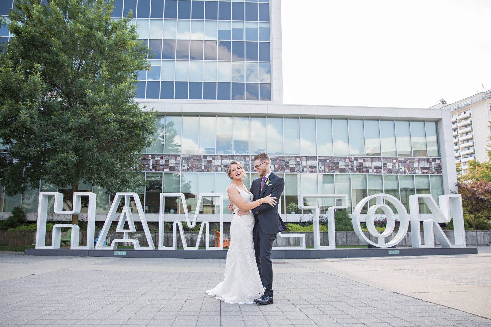 bride and groom downtown Hamilton sign