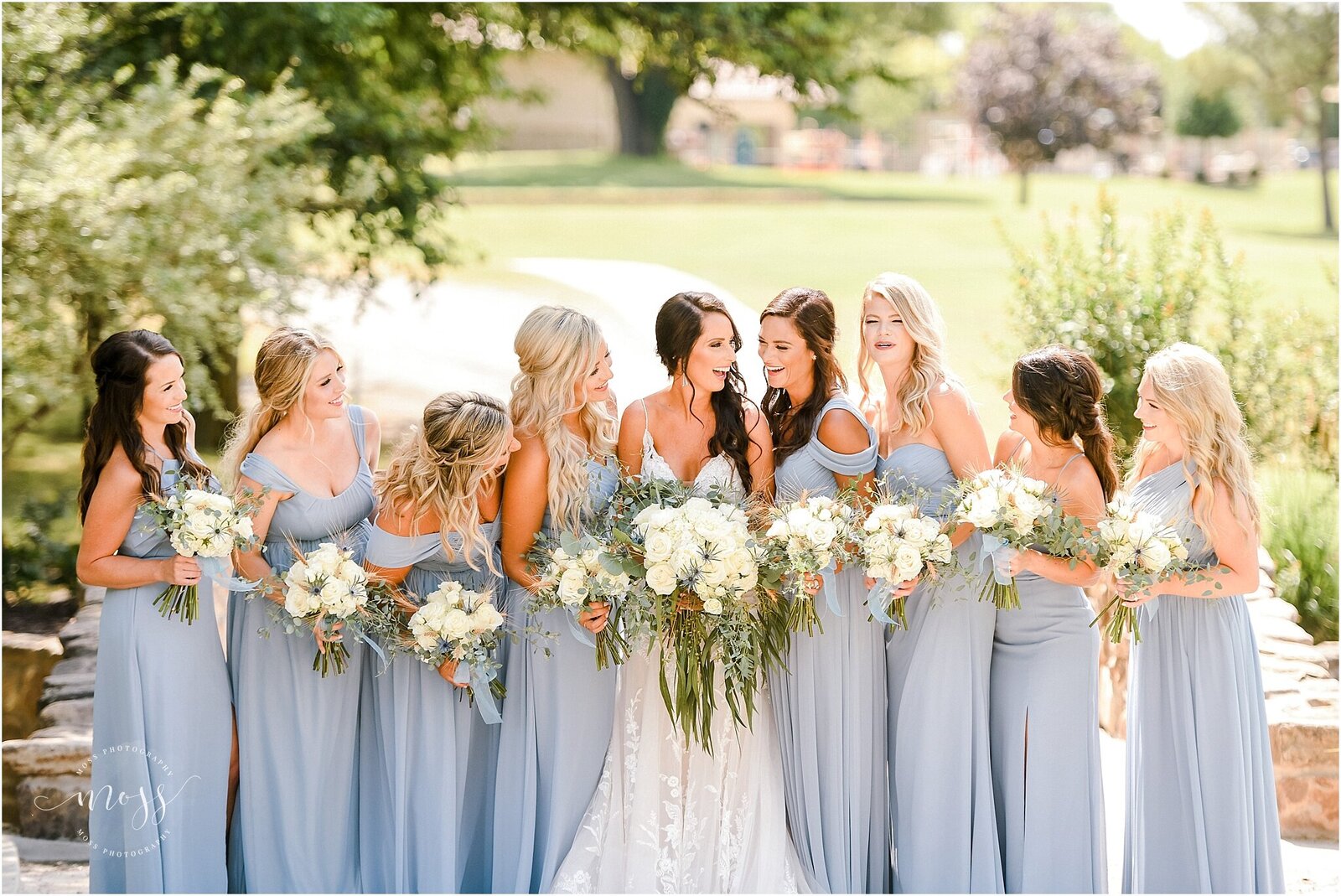 oklahoma wedding photographer dusty blue bridesmaid dresses real floral bouqets