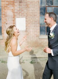 Bride and groom celebrate their classic industrial wedding in Carmel