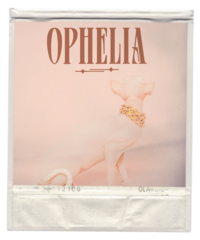 hairless cat with a pink background wearing chunky gold jewelry and a logo for Ophelia Fine Jewelry