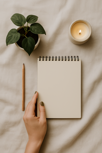 A flat lay image featuring calming neutral tones, dried botanicals, and natural textures, symbolizing mindfulness, grounding practices, and personal development. Perfect for content related to daily affirmations, meditation, or intentional living.